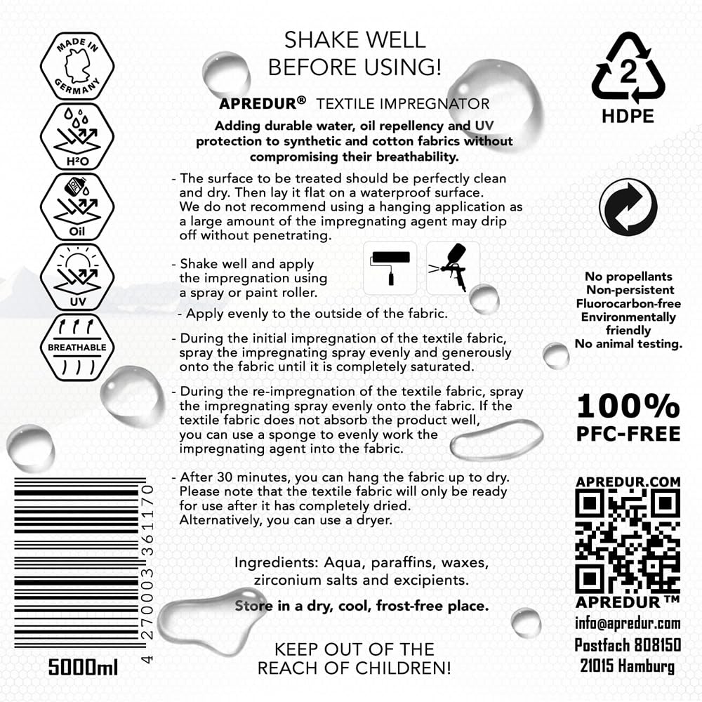 APREDUR 5L Tent PAVILION Camping Yurt Glamping Impregnation Spray Impregnating agent for synthetic and cotton fabrics Solvent and PFC-Free (5L canister)