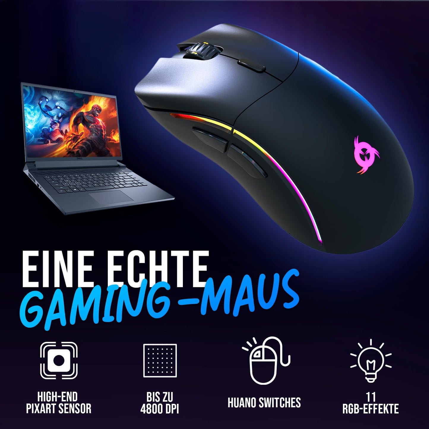KLIM Thunder Wireless Gaming Keyboard and Mouse Combo - New 2023 - Wireless backlit keyboard with durable built-in battery + 4800 DPI RGB wireless gaming mouse for PC.