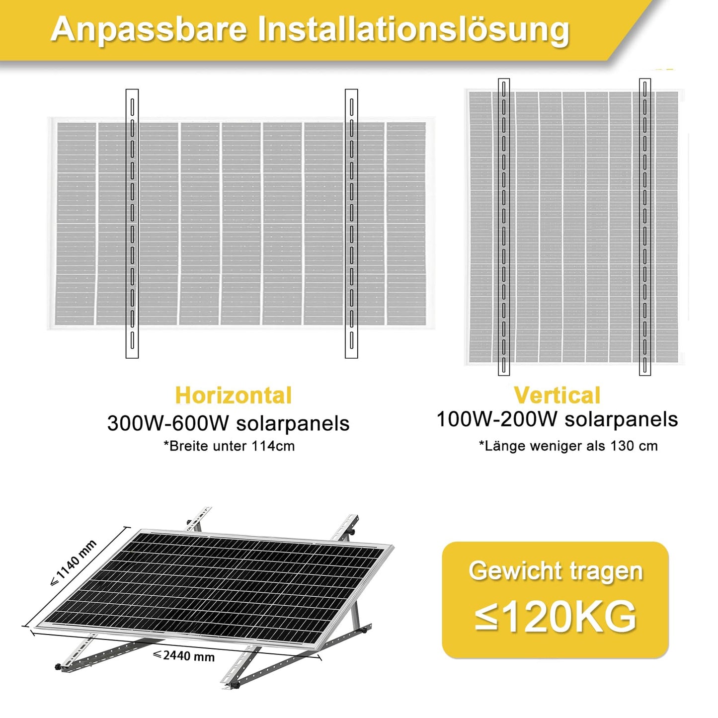 2 sets GLIESE balcony solar mounting brackets 114 cm, aluminum solar module mounting, solar panel mounting, PV module mounting, suitable for flat roofs, balconies, walls, etc.