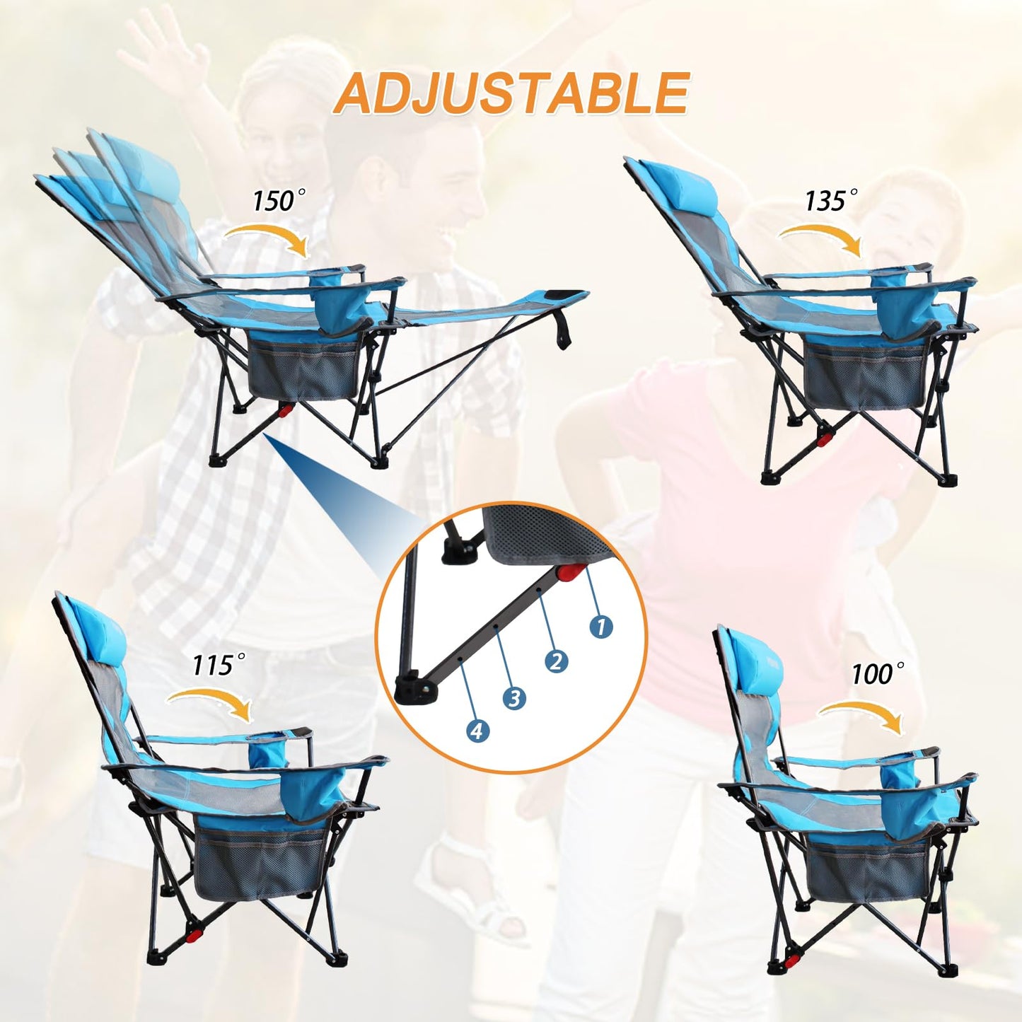 POEPORE camping chair with footrest 4-position adjustable beach chair recliner fishing chair adult camping chairs with cotton pad cushion drink holder armrest pockets Blue