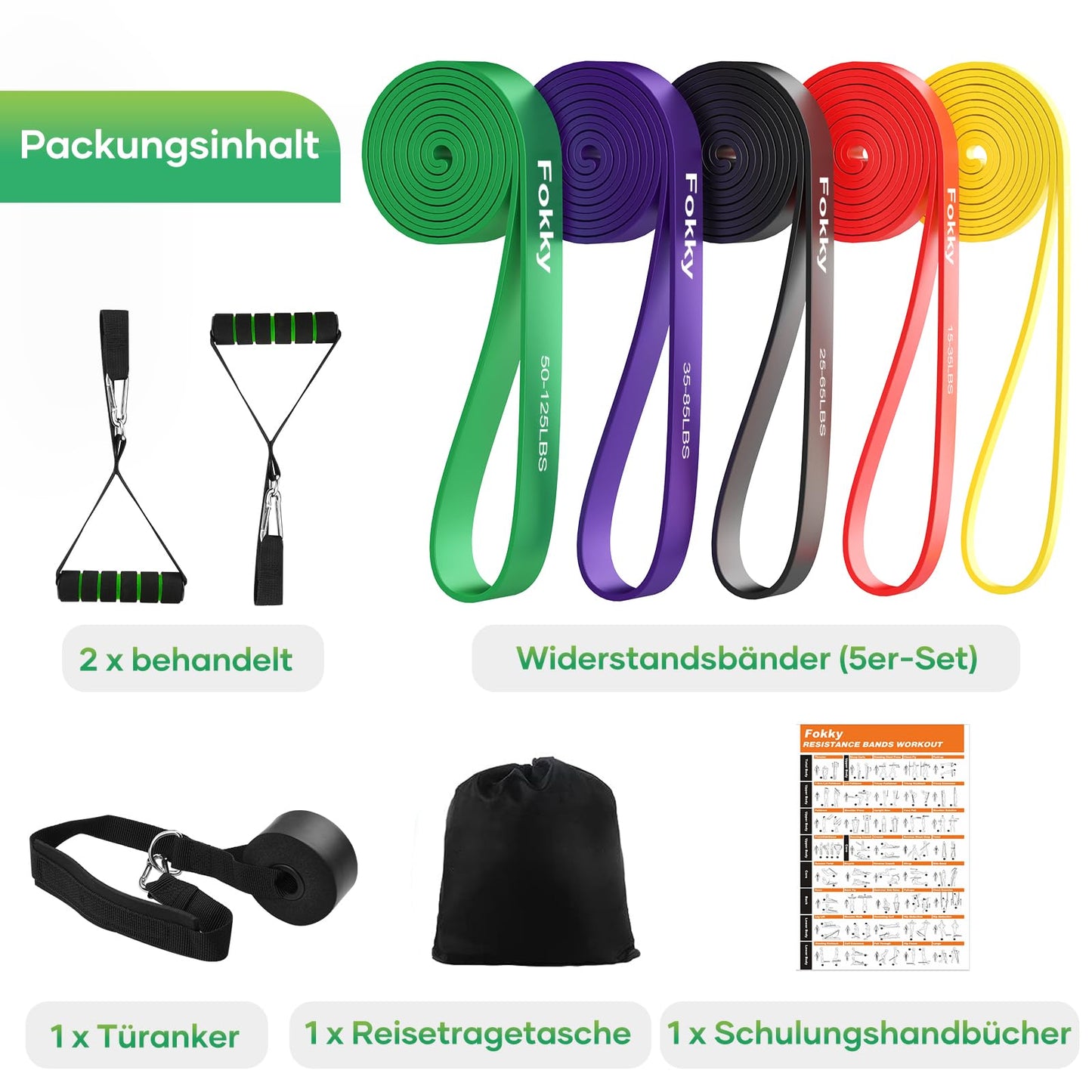 Fokky Fitness resistance bands with 5 levels, includes door anchor, 2 handles, exercise guide, and carrying bag. Great for strength training, yoga, and Pilates. Set of 5.