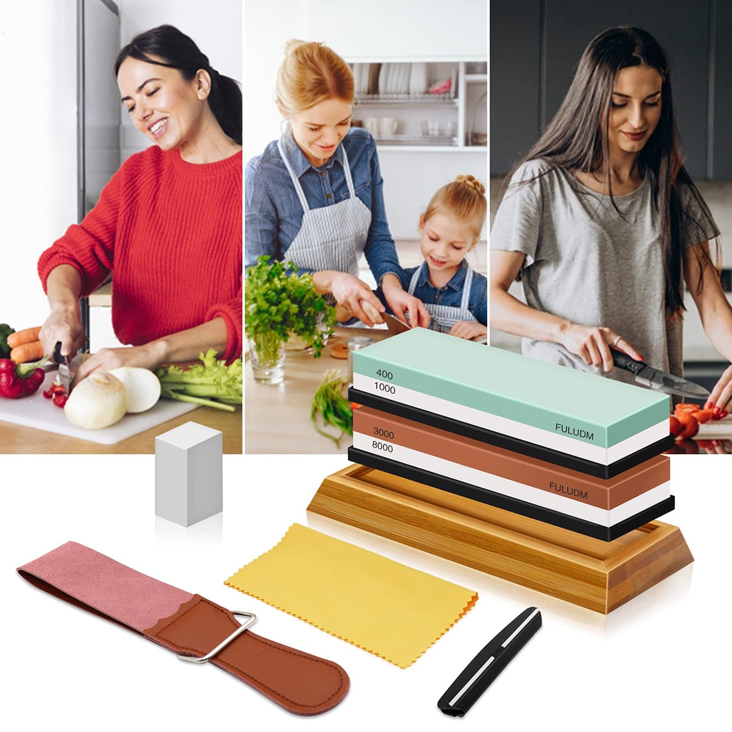 Grindstone Set Whetstone Sharpening Stone for Knives - Dual-Sided Knife Sharpener for Kitchen Grain 400/1000 3000/8000 FULUDM Water Sharpening Stone with Non-Slip Silicone Holder