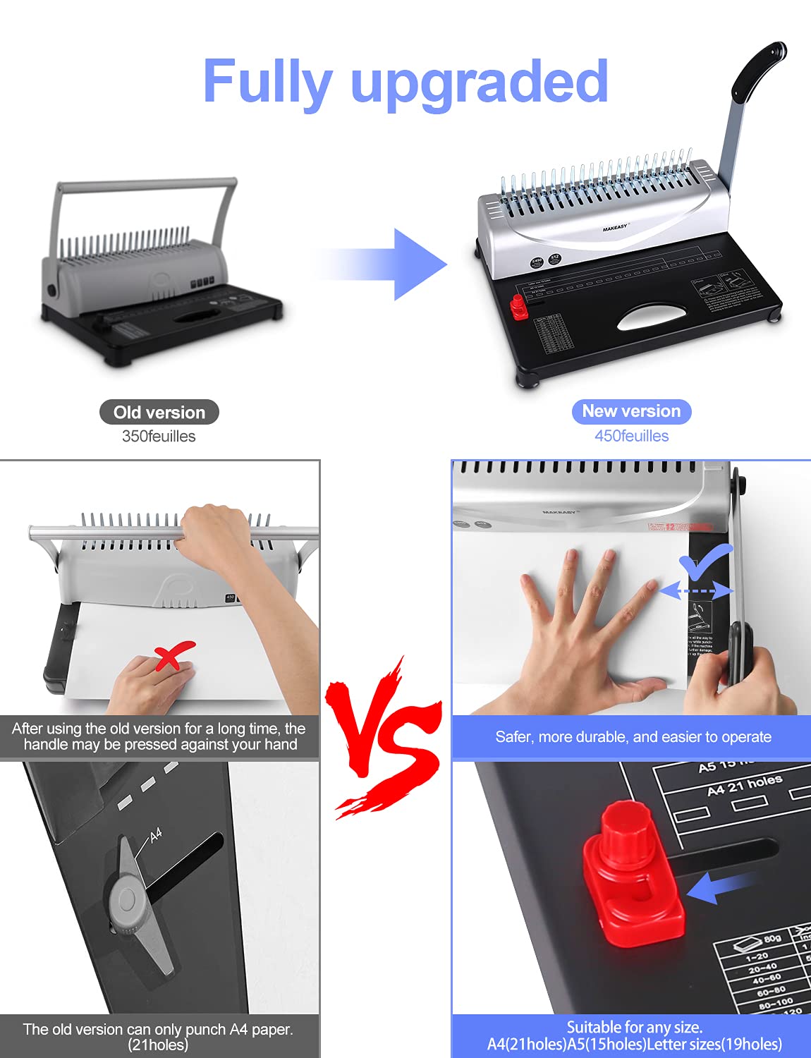 MAKEASY Binding Machine, 21 holes, binds 450 sheets, 12 sheet punching capacity, with starter kit of 100 pieces PVC binding spines, perfect for daily office documents.