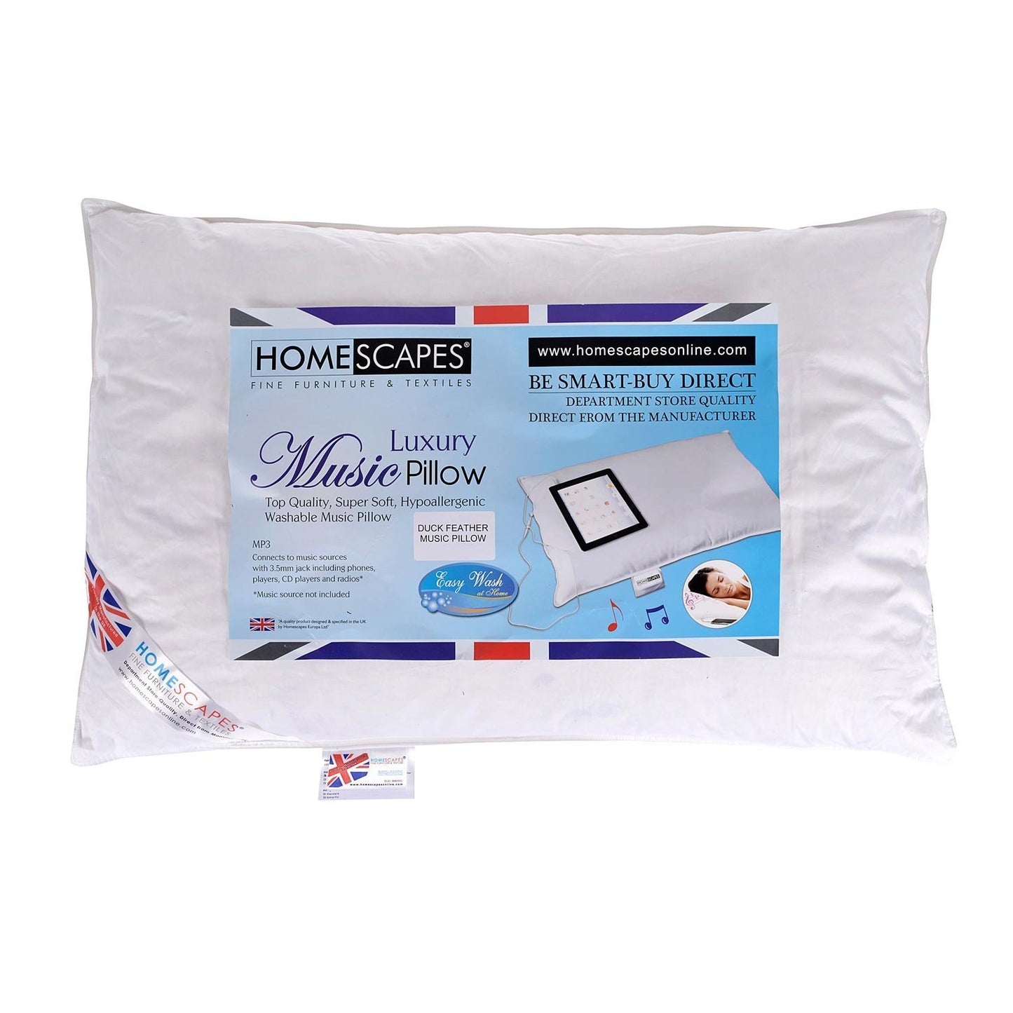 Homescapes washable music pillow with speaker, 48 x 74 cm, medium-soft pillow for listening to music, feather pillow with hypoallergenic microfiber filling.