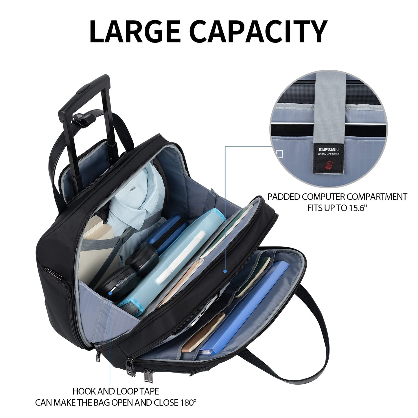 EMPSIGN Trolley Business Rolling Laptop with wheels, Rolling laptop bag for women fits up to 15.6 inch laptop, Rolling briefcase on wheels, Water resistant, with RFID pockets, black