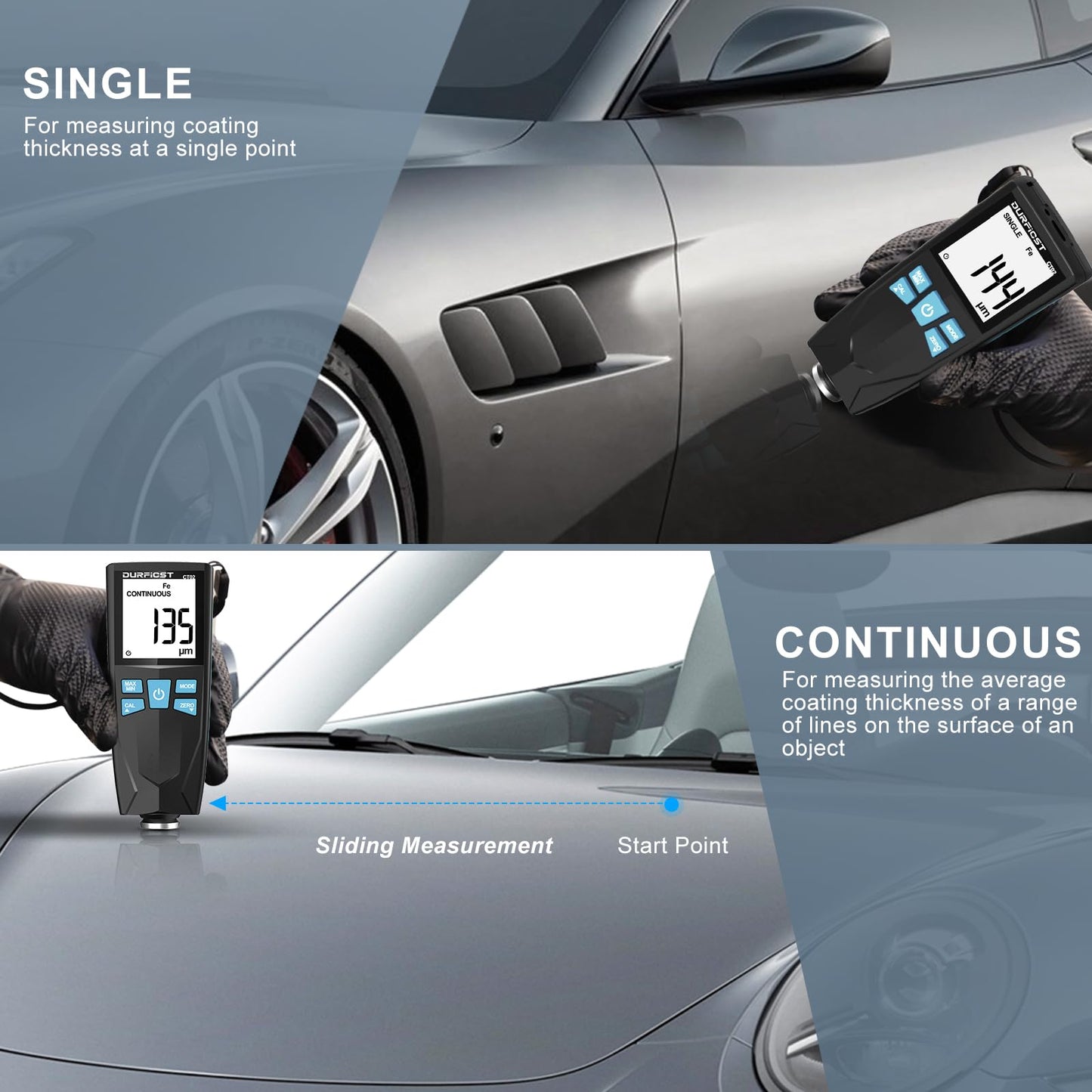 Automotive paint gauge, DURFICST paint thickness gauge for cars, with automatic digital calibration and data storage, paint thickness gauge for car, Fe/NFe automatic detection.