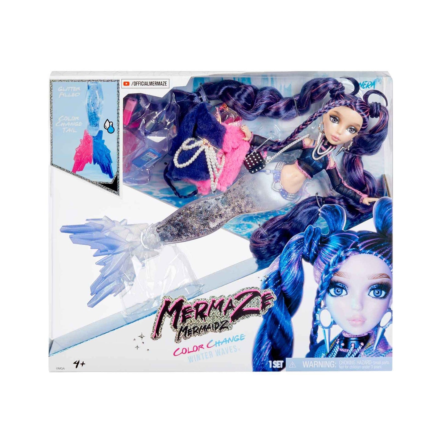 Mermaze Mermaidz Winter Waves - NERA - Mermaid doll with color change fin, glitter-filled tail, and accessories - For kids and collectors aged 4 and up.