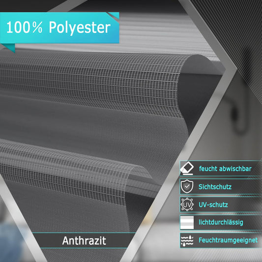 Bobodeco double roller blind clampfix without drilling Duo blinds for windows with clamp carrier, window blind translucent & blackout wall mounting privacy- anthracite B110 x H120cm (fabric width 106cm)