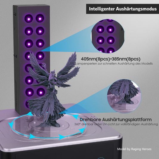 ELEGOO Mercury Plus V2 2-in-1 washing and curing machine for Mars Photon S, Photon Mono LCD, DLP, SLA 3D printed models. Resin UV curing box with rotary curing turntable and washing bucket.