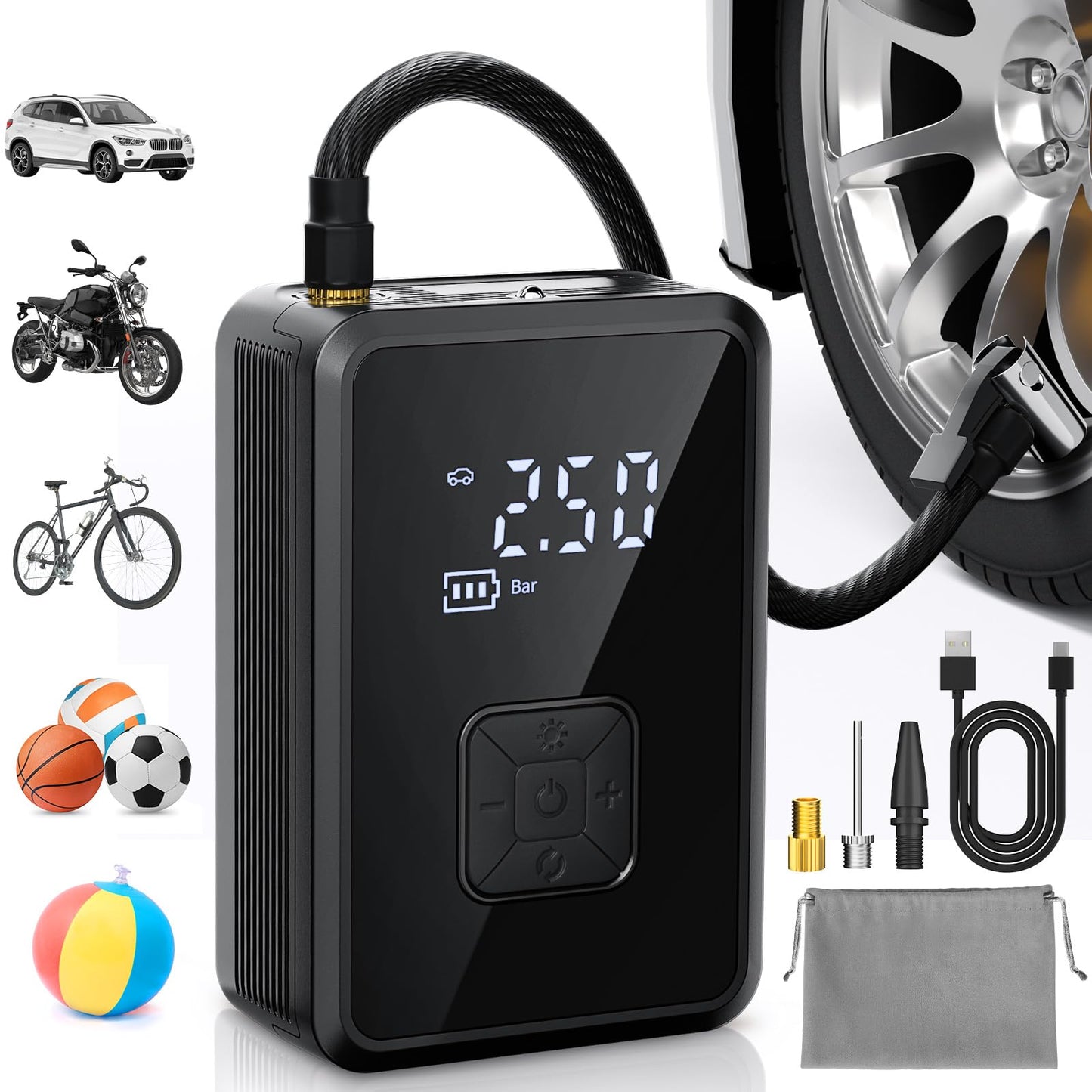 Oasser Electric Air Pump 150PSI Bicycle Pump Battery Air Pump Portable with LED Light for Car Motorcycle Bicycle Ball Travel Camping