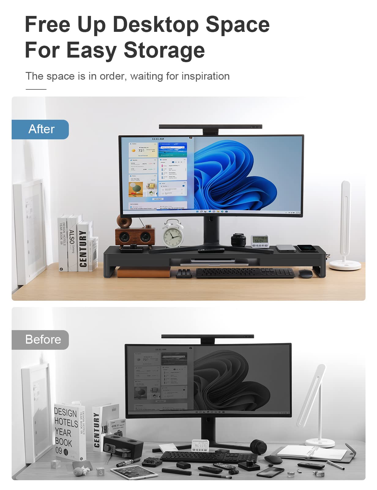 Meantty 3-in-1 Dual Monitor Riser with 2 drawers, wireless charging pad & 4 USB ports - metal screen stand for computer, laptop & accessories, supports charging & data transfer.