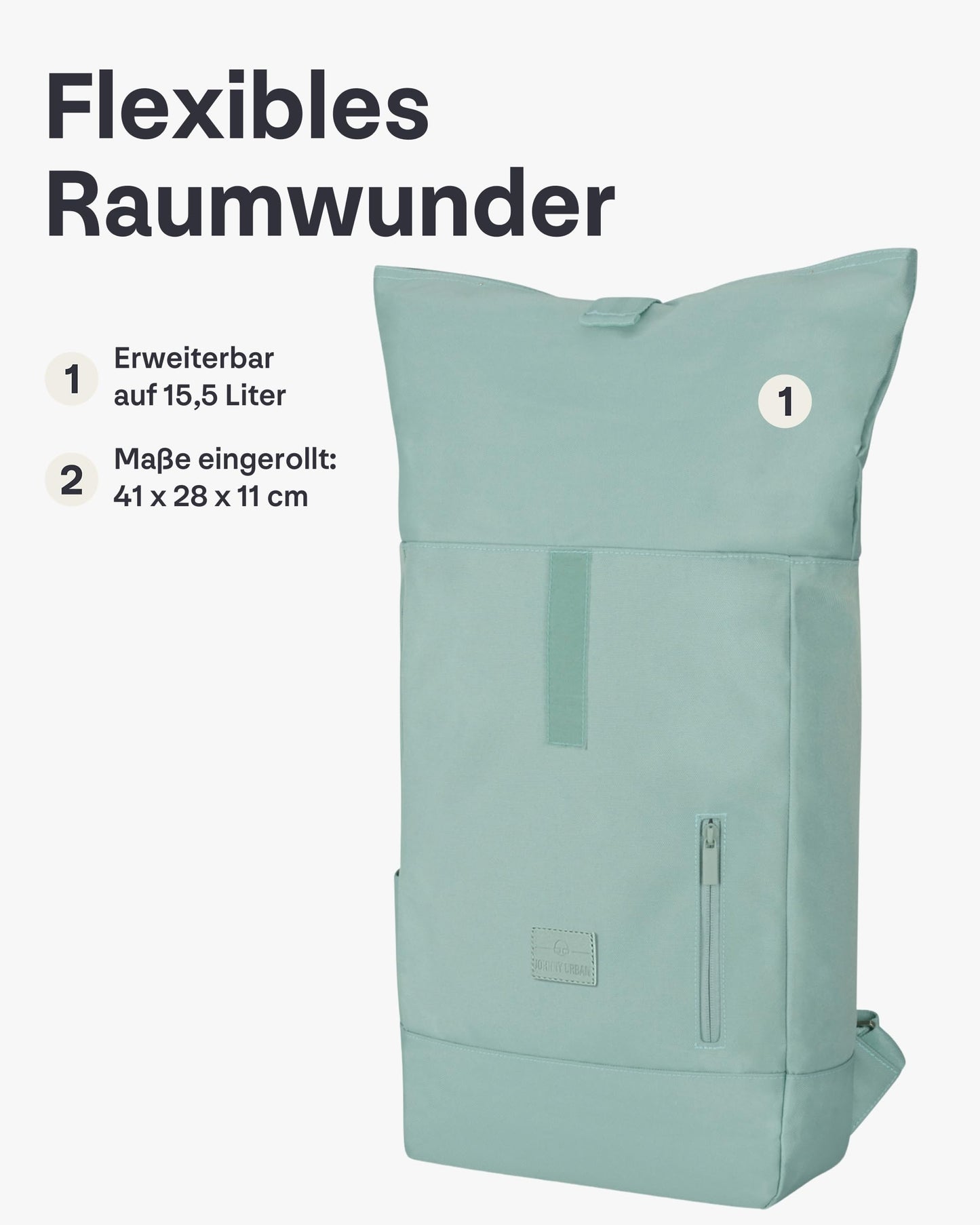Johnny Urban backpack for women & men in mint color - Robin Medium - Rolltop design with laptop compartment for university, business, and cycling - 15L capacity - Sustainable and water repellent.