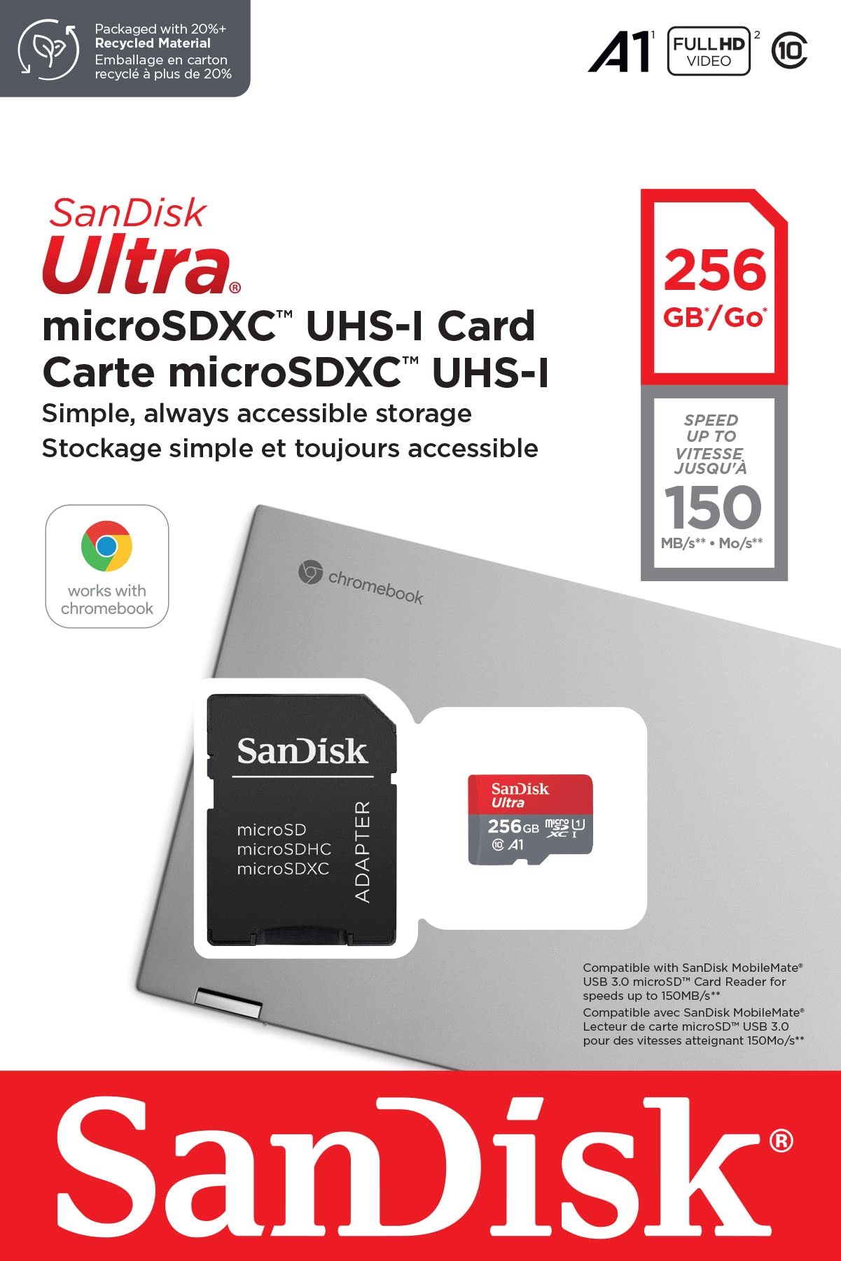 SanDisk Ultra 256GB microSDXC UHS-I card for Chromebook with SD adapter (For smartphones and tablets, A1, Class 10, U1, Full HD videos, up to 150MB/s read speed) 10-year warranty