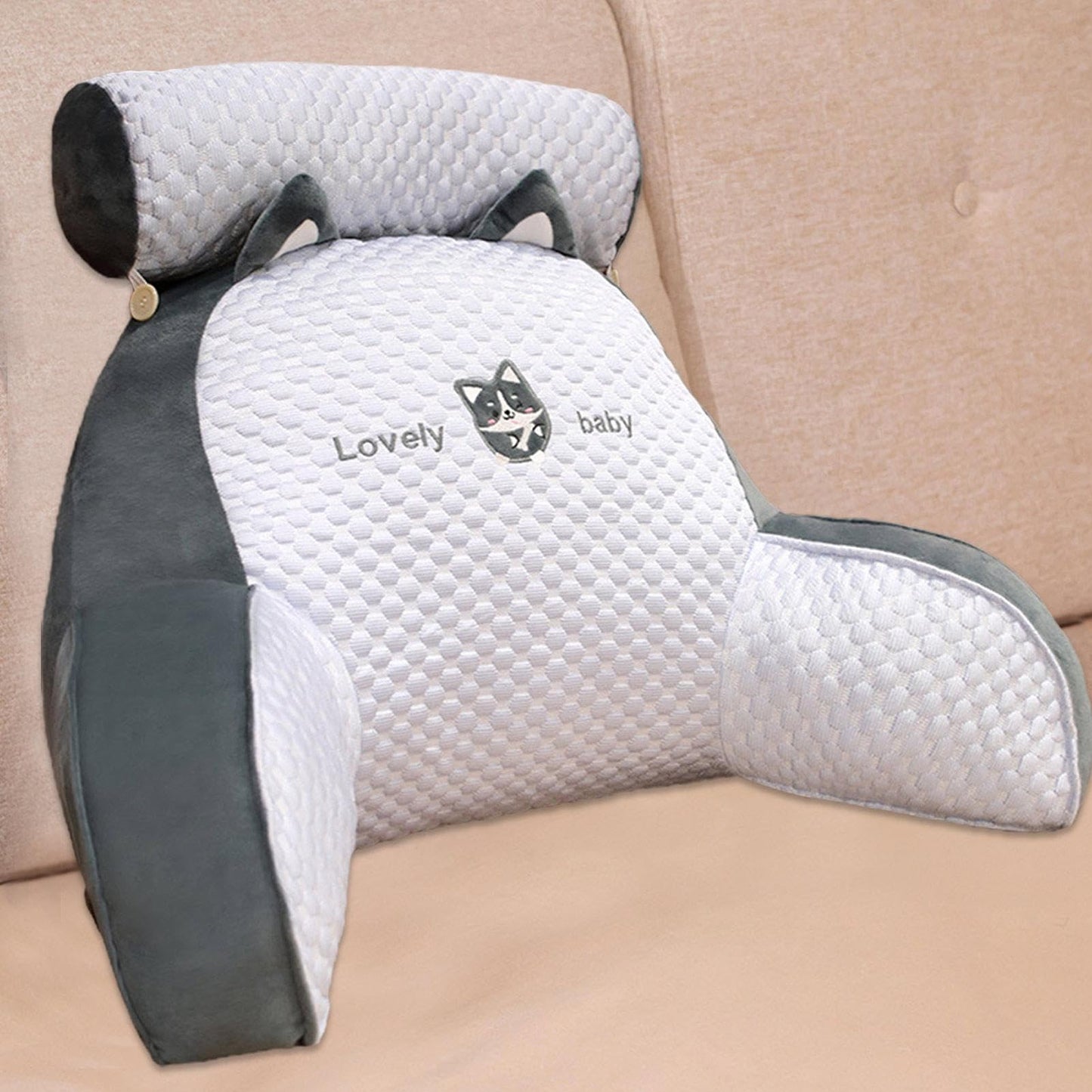 Cute reading pillow with armrests, perfect for bed and sofa. Bed chair backrest pillow with armrests and back support. Great gifts for husband and boyfriend.