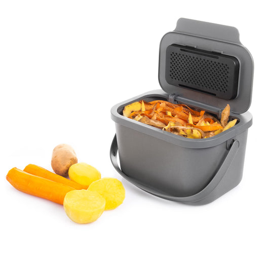 Practice with 4.5L kitchen compost bin, gray with lid. For separating organic waste like fruit and vegetable scraps. Click function for waste separation.