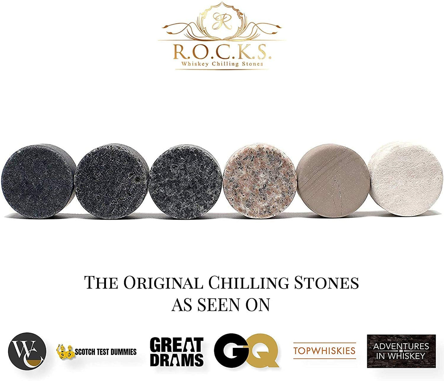 Whiskey Stones & Eco-Friendly Crystal Whisky Glass Gift Set - 6 Handcrafted Round Granite Chilling Stones - Whiskey Glass Soleil from Europe (315 ml) - Hardwood Tray - Gift Box By Rocks