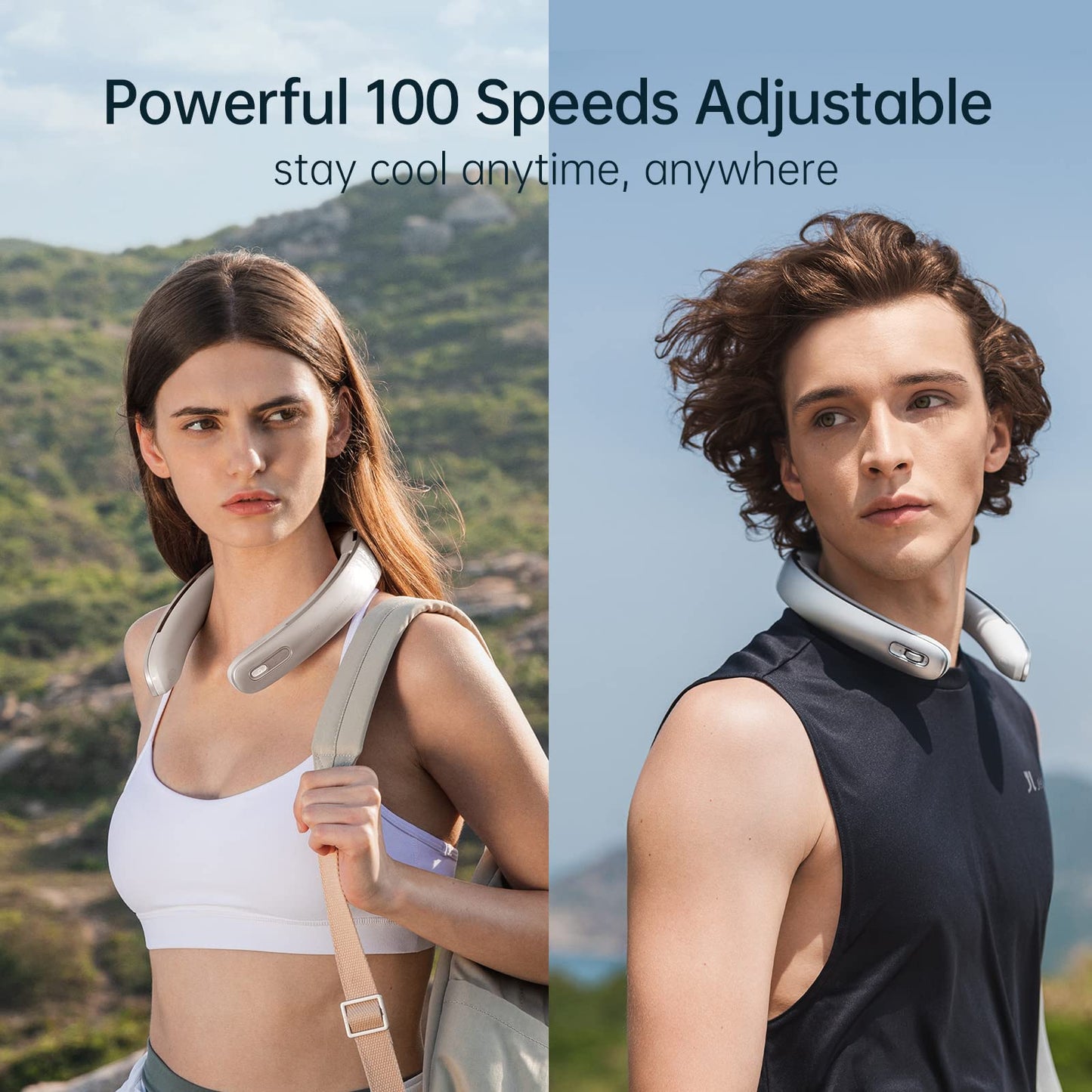 JISULIFE Portable Neck Fan Pro, 100 speeds, bladeless fan, portable, stepless button, LED display, rechargeable personal 5000 mAh - Gray