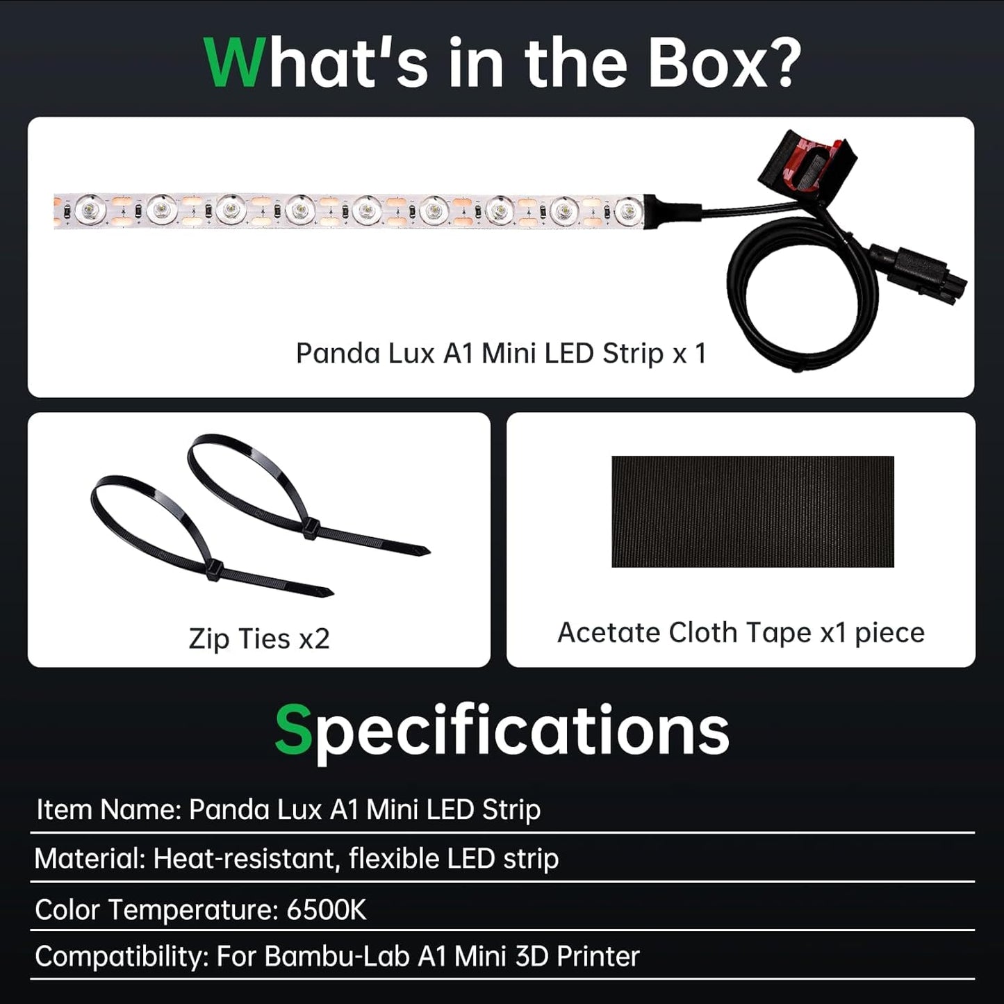 BIQU Panda Lux, LED light bar compatible with Bambu-Lab A1 Mini 3D printer, LED light strip upgrade kit, easy installation, high brightness, control via standard screen.