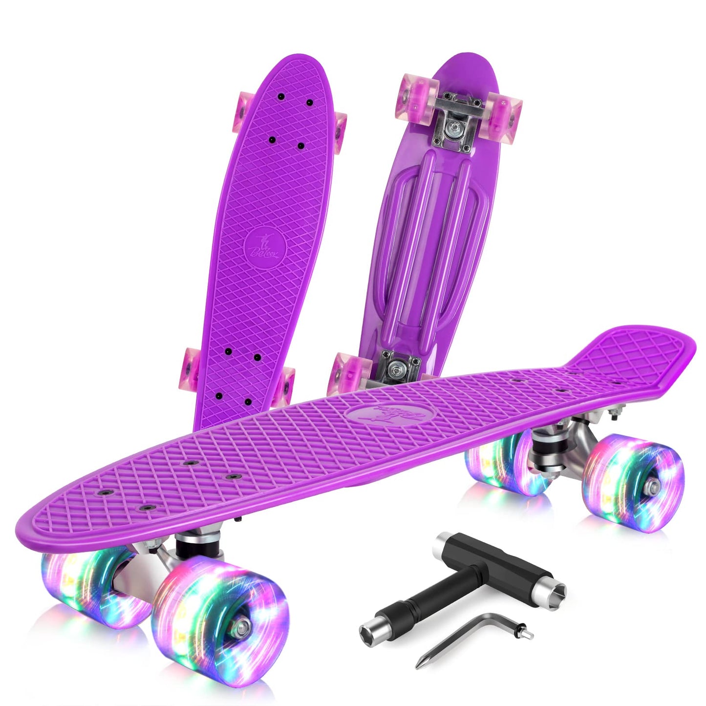 BELEEV Kids Skateboard 22 Inch with LED Light Up Wheels, Complete Mini Cruiser Skateboard for Kids Teenagers Adults, LED Light Up Wheels with All-in-one Skate T-Tool for Beginners