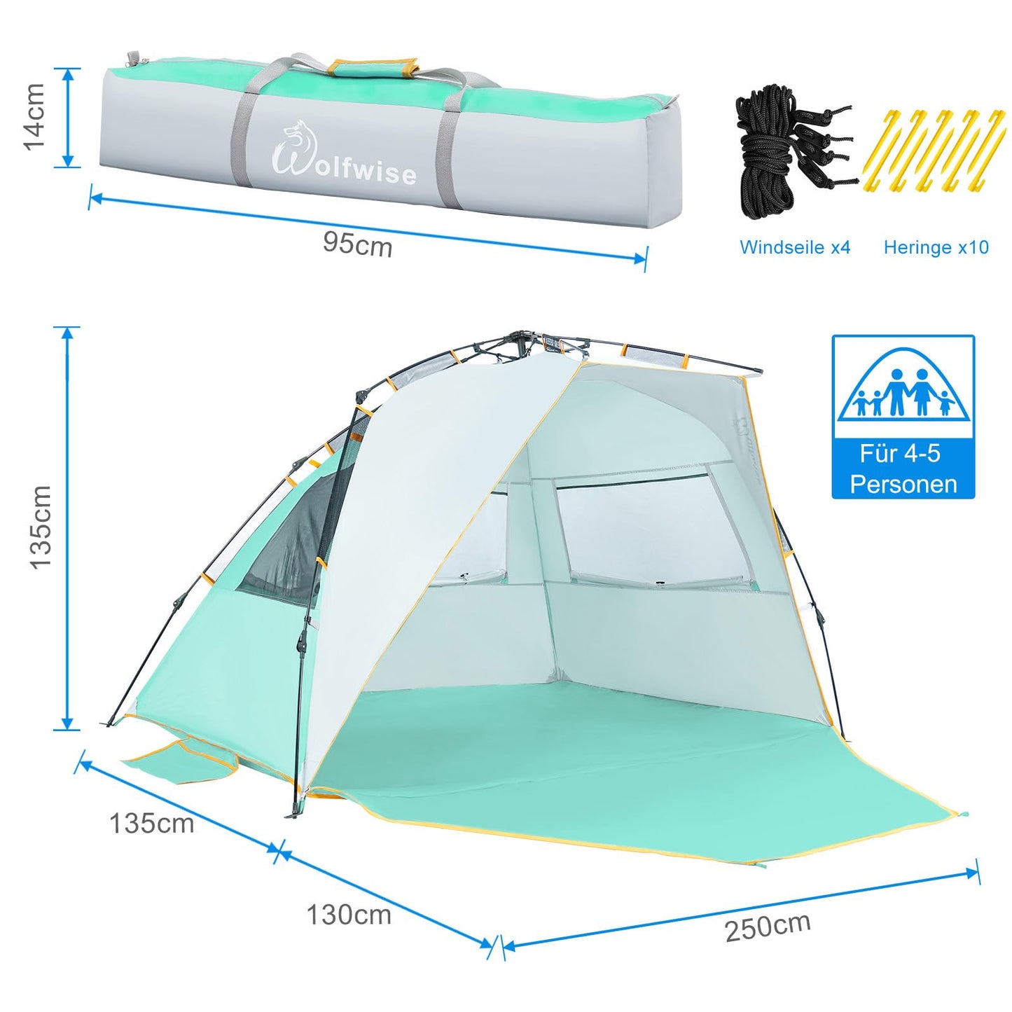 WolfWise beach tent with UV protection 50+, 4-5 people beach shelter with Quick-Up system, sun protection windbreak with expandable floor, automatic sun tent for family camping garden beach mint green.
