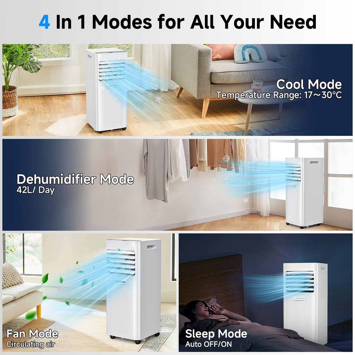 Air conditioner Mobile 9000 BTU, LEENON Mobile air conditioner 4 in 1 Cooling Dehumidifying Fan & Sleep Mode, 2.6KW Portable air conditioner with exhaust hose, Remote control/24h timer for home office up to 35 m².