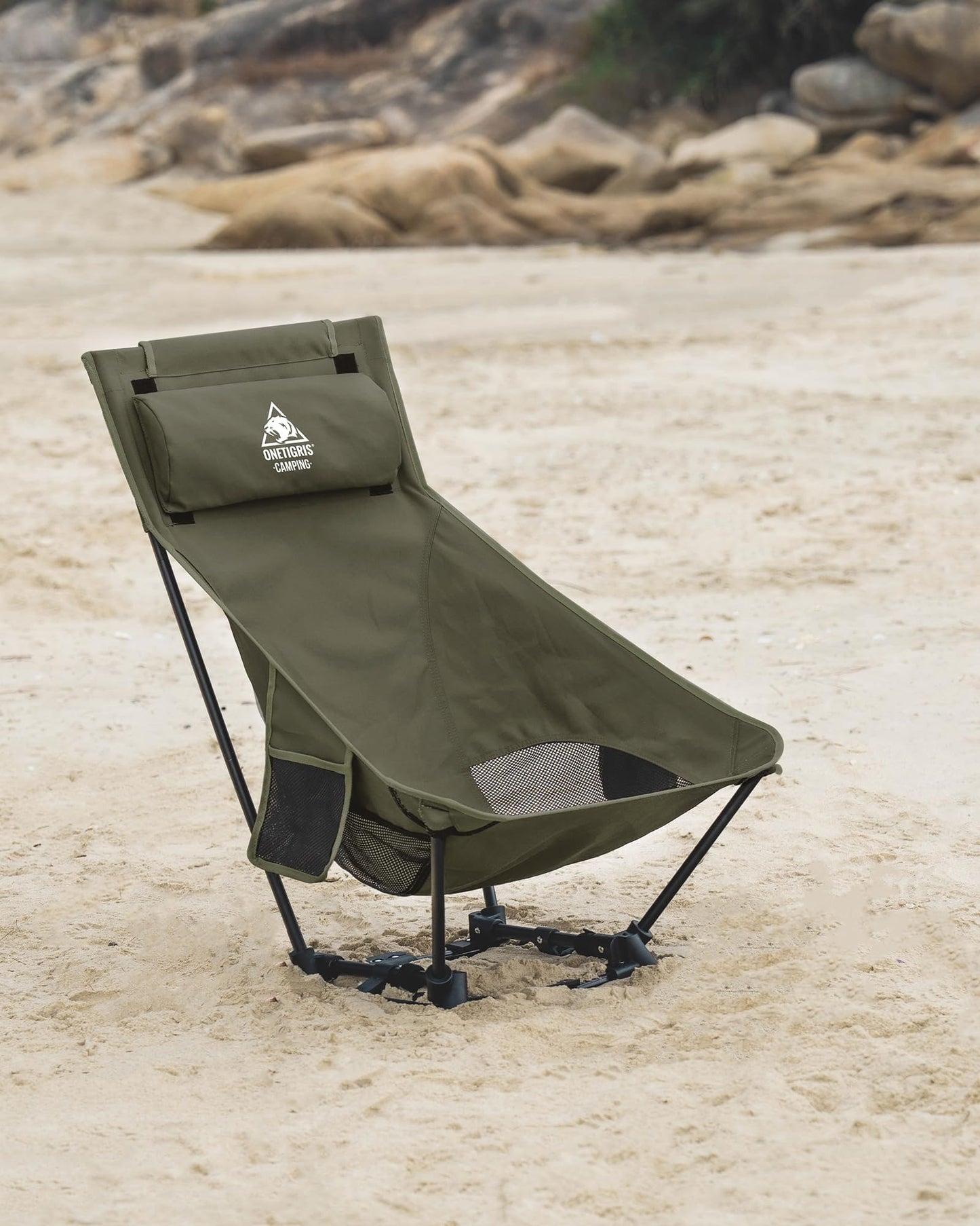 OneTigris DRAGONHIDE camping chair high backrest foldable 125 kg, foldable camping chair lightweight, foldable fishing chair with 2 side pockets, ultralight folding chair for outdoor, hiking (Ranger Green)