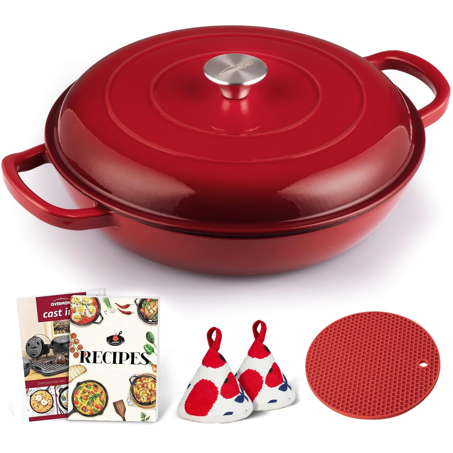 Overmont Dutch Oven Cast Iron Pot 30cm - Enamel Roaster with Lid oven suitable - with cooking book - for kitchen baking stewing roasting Red