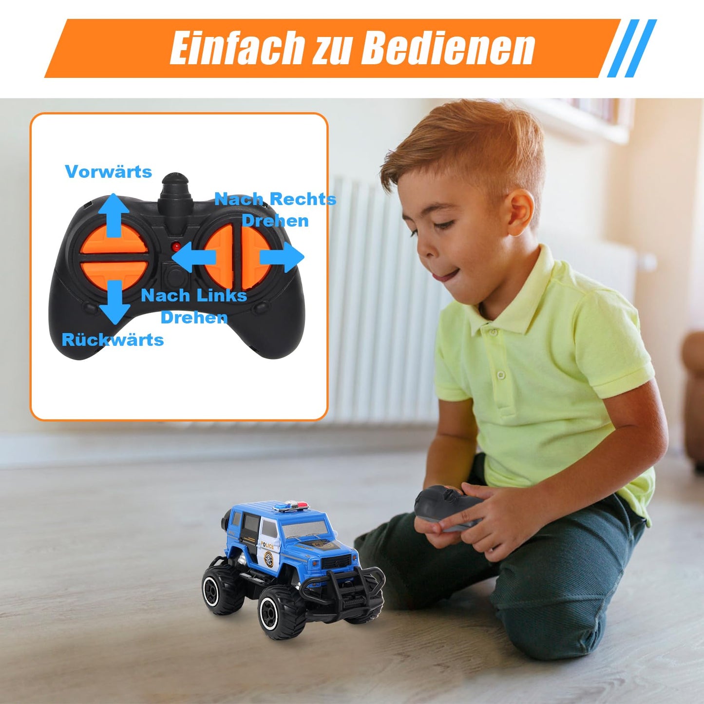Pup Go Police Car Remote Control with Light for Kids 3 4 5 6 Years, Sturdy Police Car with Remote Control Toy, Mini RC Police Monster Truck Kids 2 Gifts Blue