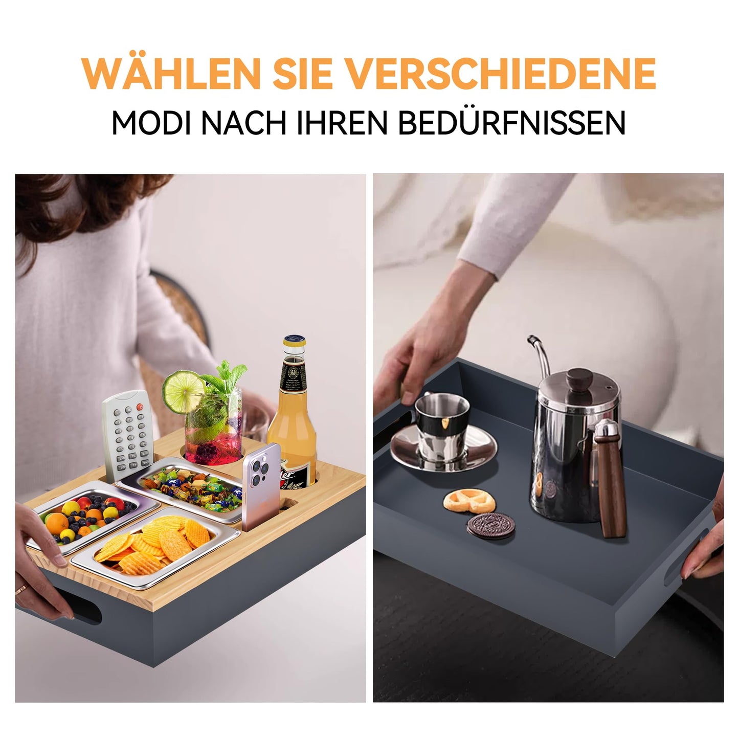 Couch bar snack box, coffee bar with stainless steel snack bowls, bamboo black couch tray, sofa shelf - for bedroom, living room, camping, garden (wood-gray)