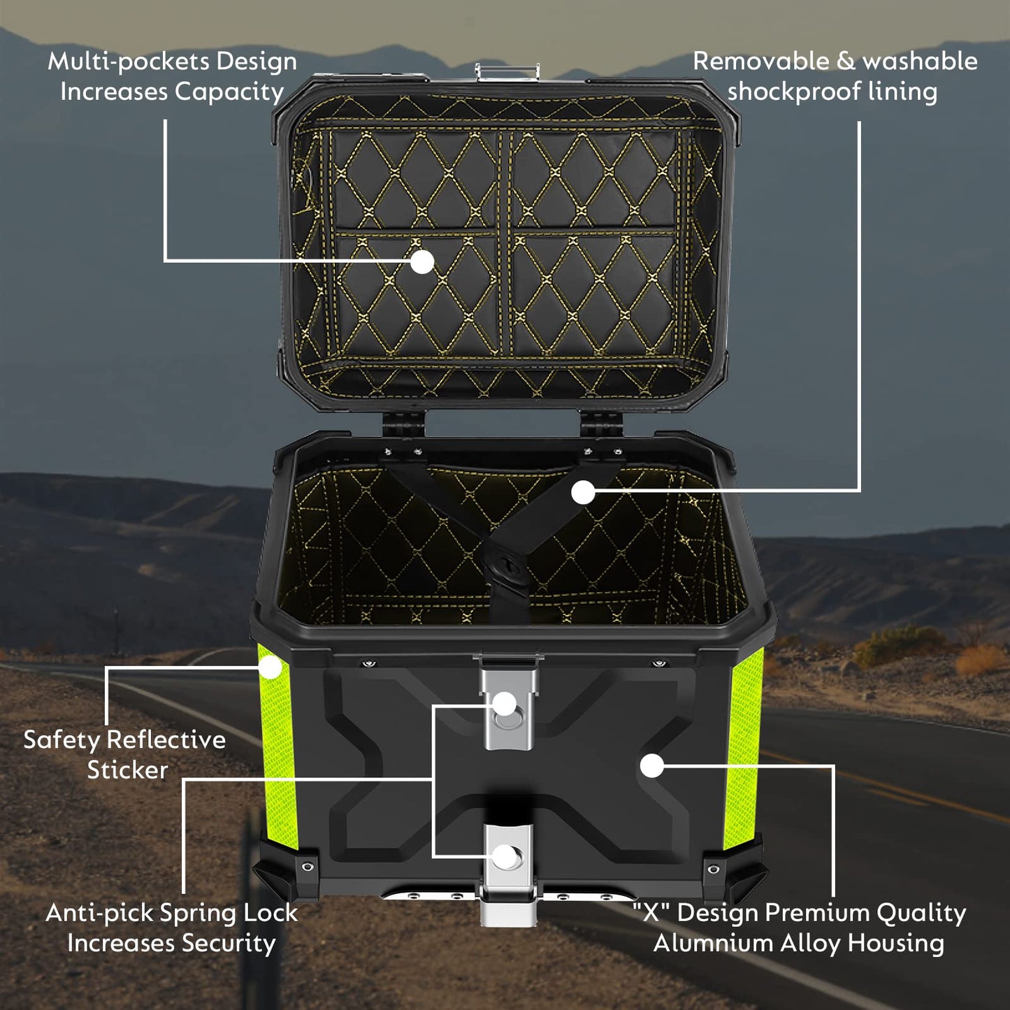 Motorcycle top case, 55L top case for scooter Waterproof top case Aluminum motorcycle trunk Travel motorcycle case with security lock for motorcycle helmet Helmet, Waterproof motorcycle top box (Black)