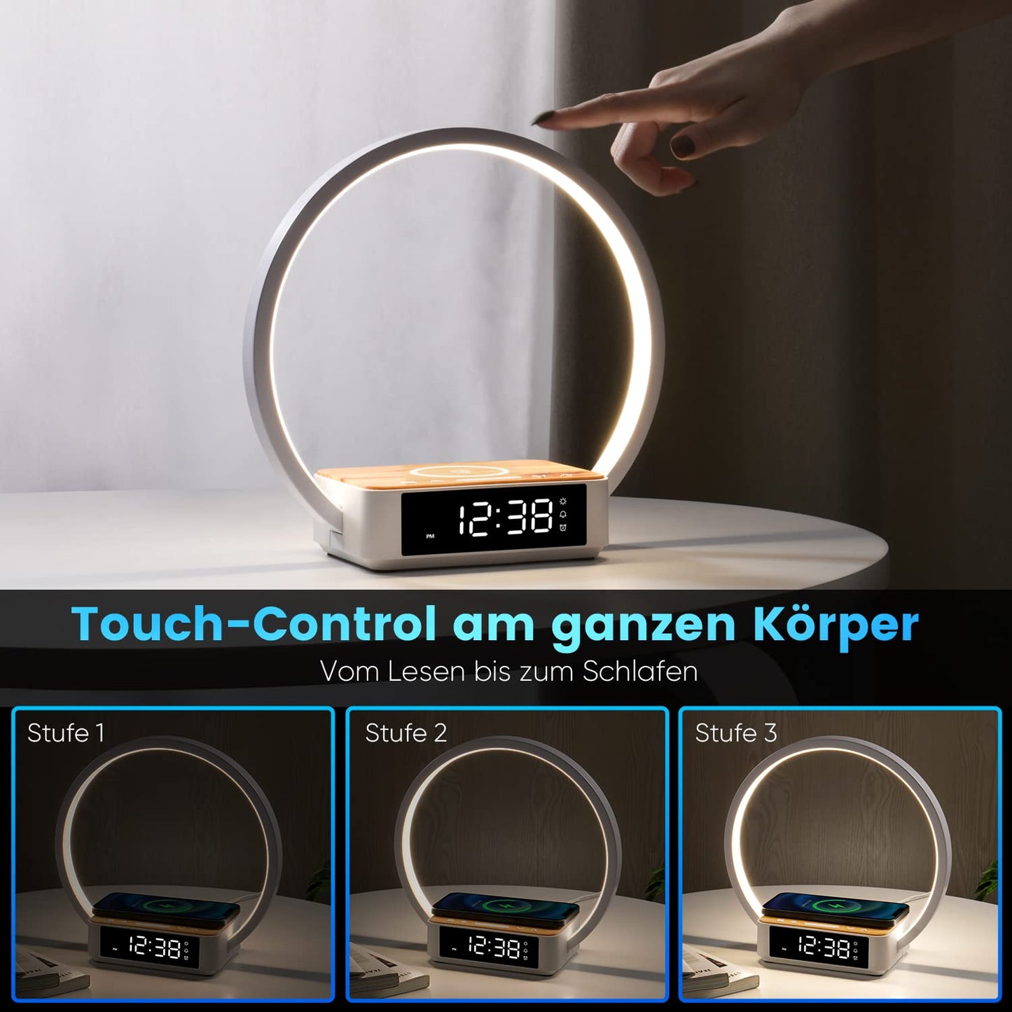 WILIT LED bedside lamp with charging function, light alarm clock with clock, bedside lamps touch dimmer bedroom with 3 brightness levels, 10W wireless charger, wood