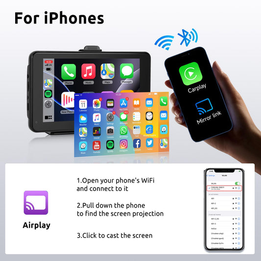 Wireless CarPlay Android Auto Mirror Link, 7-inch Touchscreen Monitor CarPlay screen Digital Media Receiver Car Radio Receiver Wireless Car Stereo with Bluetooth Car Multimedia Player 9V-32V