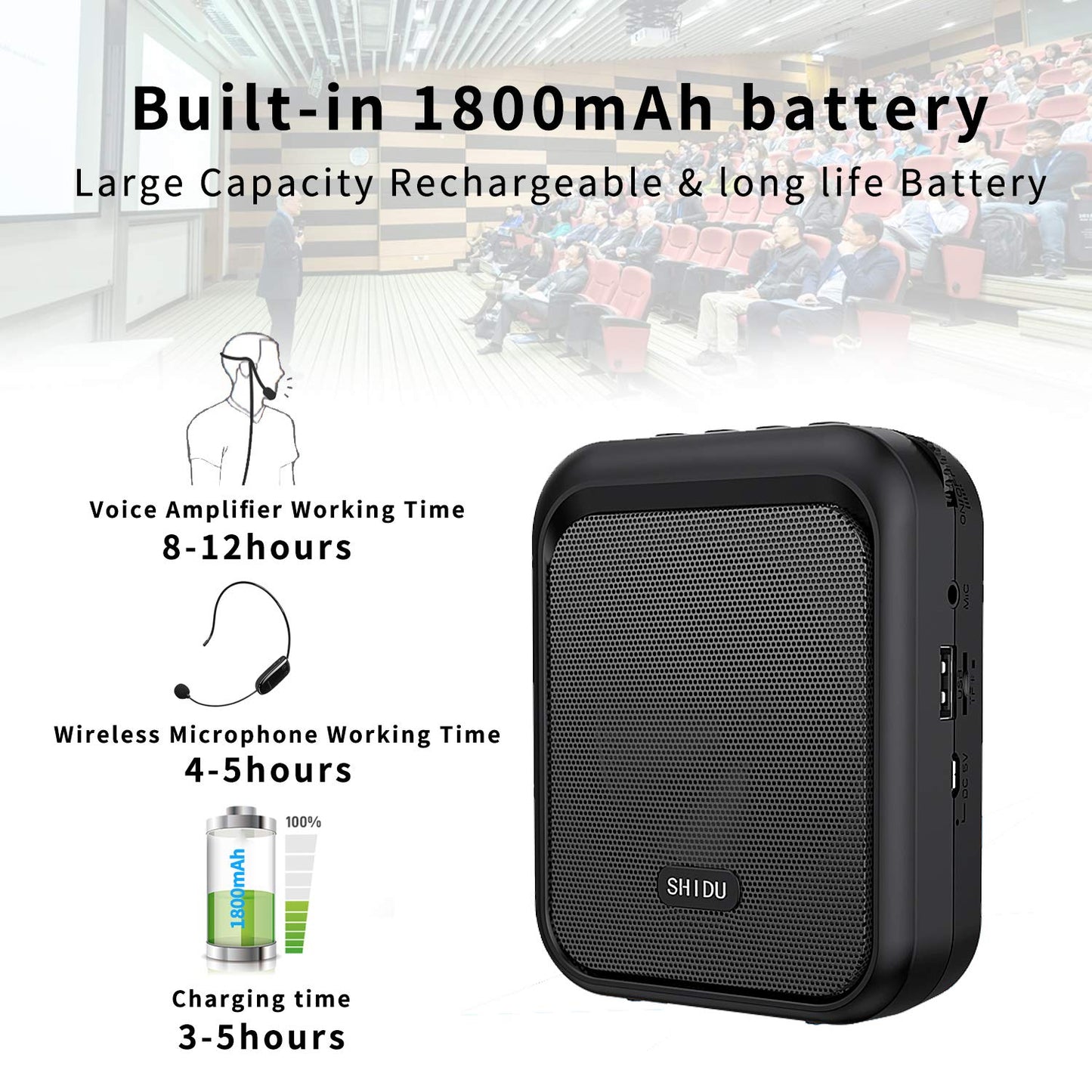 SHIDU Voice Amplifier Portable Bluetooth Speaker with wireless UHF Microphone Headset 10W 1800mAh PA System Supports MP3 audio for teachers, taxi drivers, coaches, trainers, tour guides.