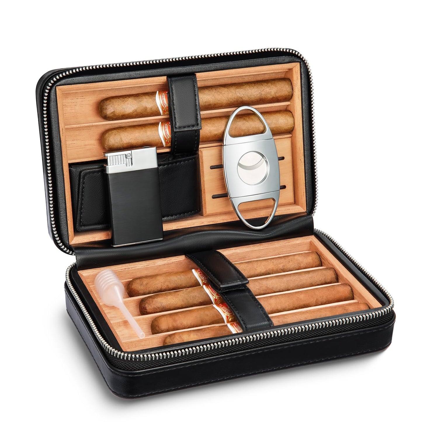 LEACHOI Leather Cigar Travel Humidor, cigar case with lighter and cigar cutter, cigar accessory set, cigar gift set, Holds up to 6 cigars.