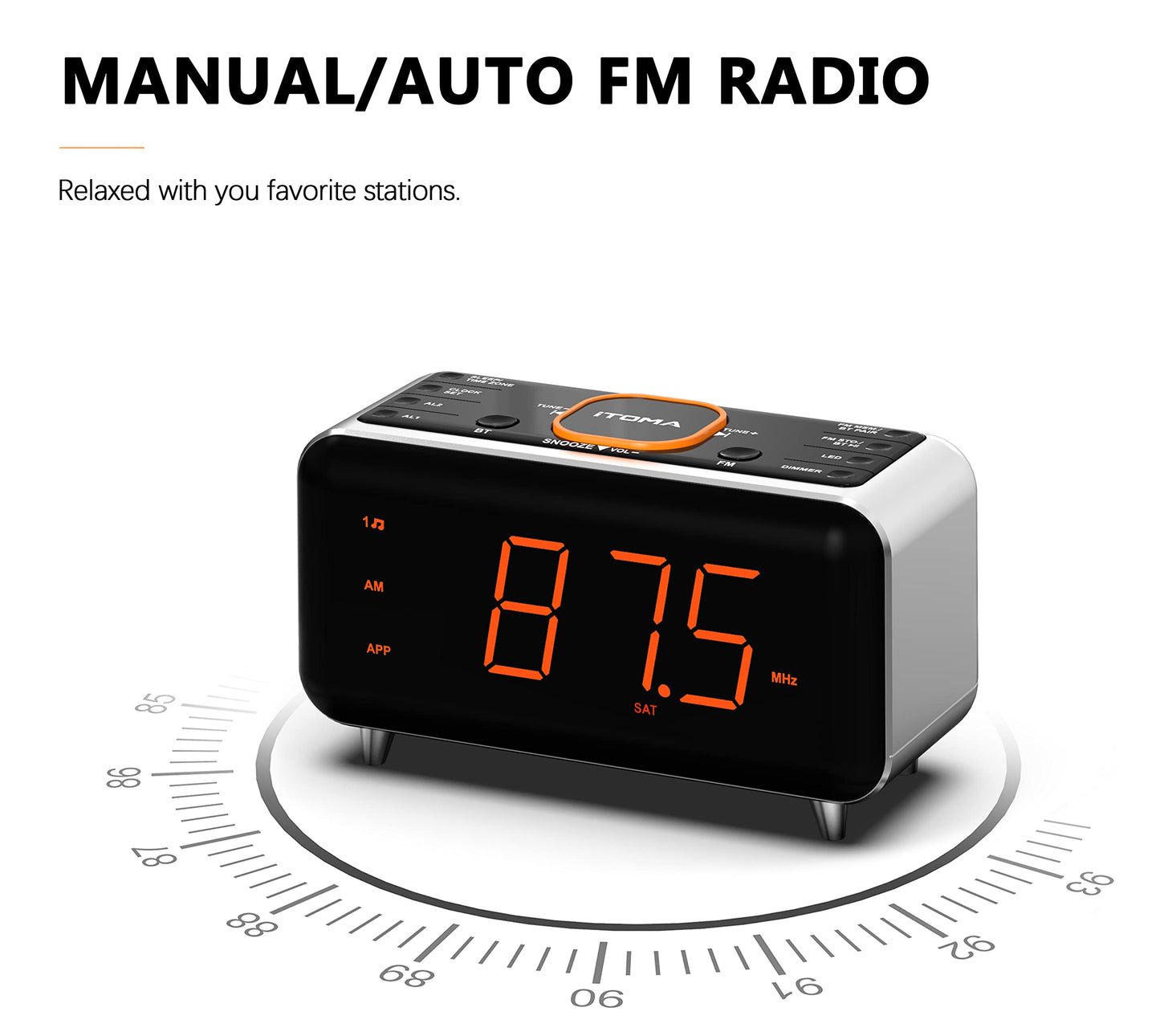 iTOMA clock radio with app control, Bluetooth, FM radio, dual alarm from 4 alarm modes, easy snooze, dimmer, orange night light, 12/24 hr through USB charging port CKS208