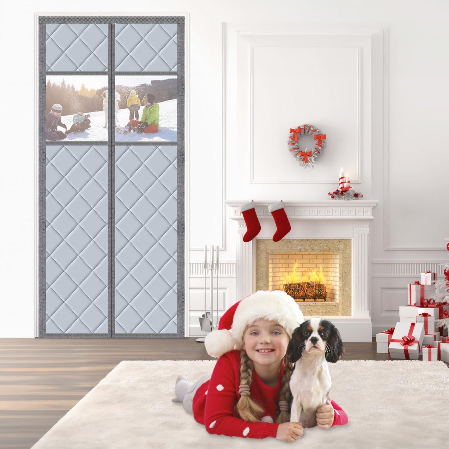 Magnetic thermal door curtain 90x210cm, no-drill thermo curtain for cold and heat protection. Waterproof, windproof, pet-friendly with a transparent window.