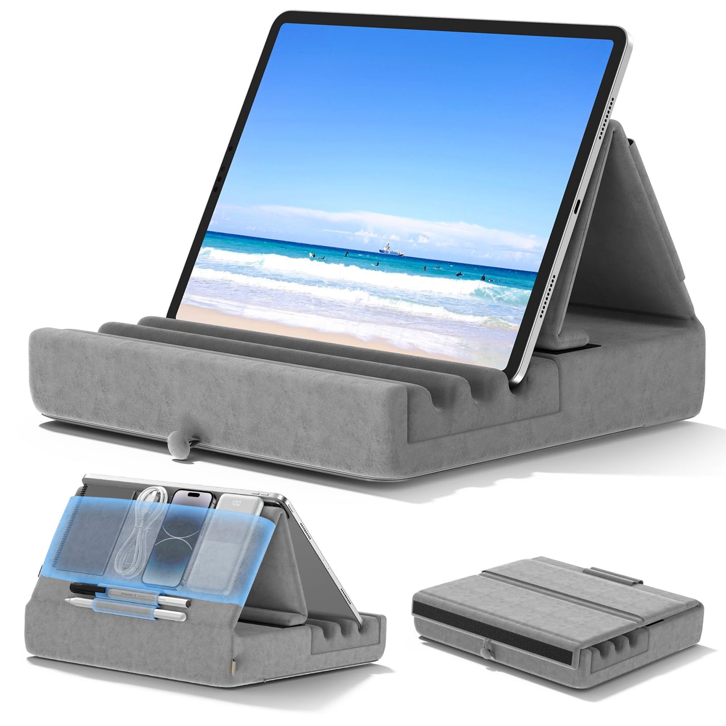 KDD Tablet Holder Pillow, Foldable iPad Stand for Lap Bed Desk - Tablet Soft Pillow Holder with Pocket & Stylus Holder for iPad Pro 12.9 10.5 9.7 Air Mini 6 5 4 E-Reader Gray