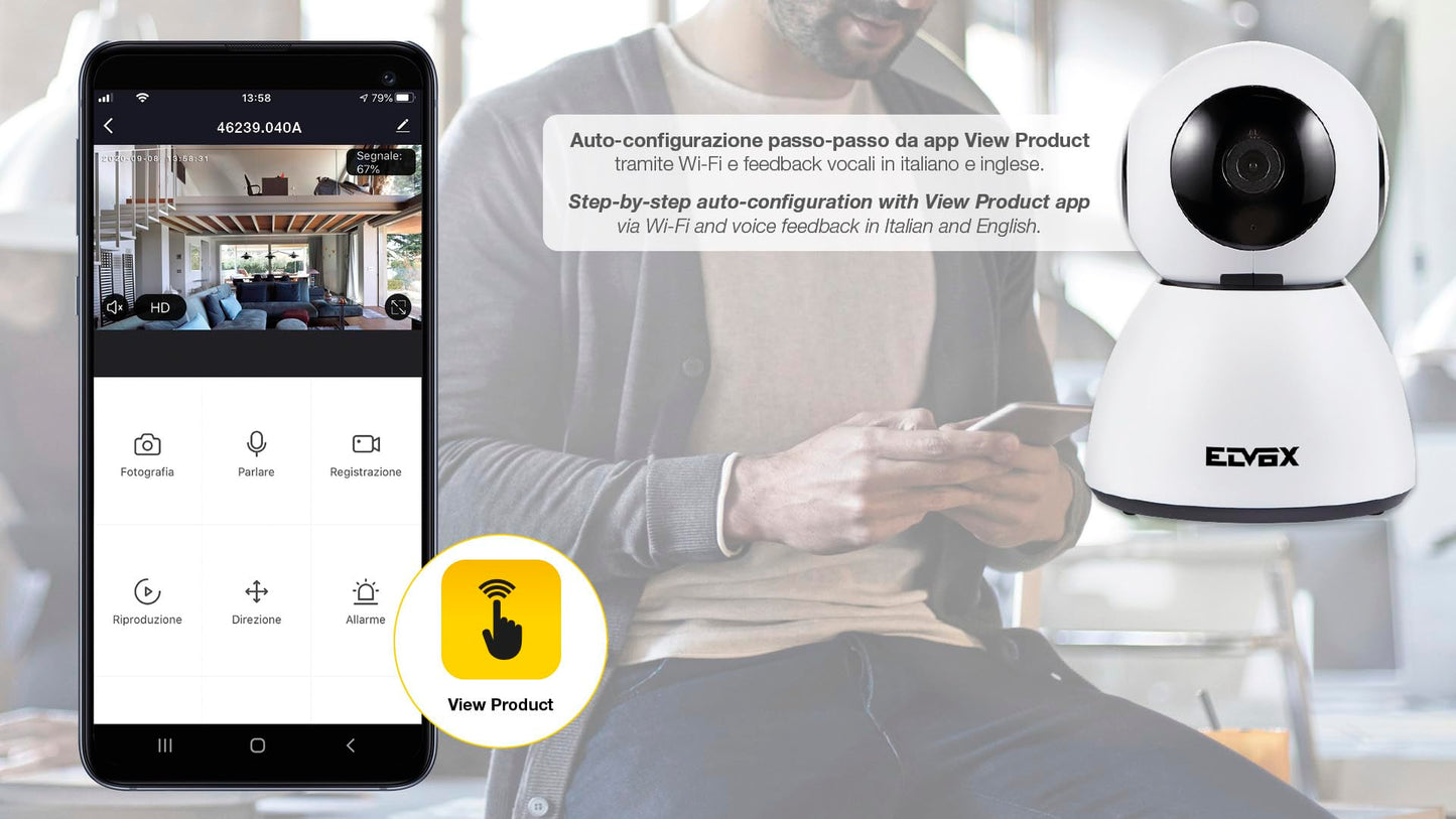 Vimar 46239.040A WiFi motor color camera compatible with Alexa, HD resolution 1080, motion sensor functions and sending notifications, "View Product" app for Android and iOS.
