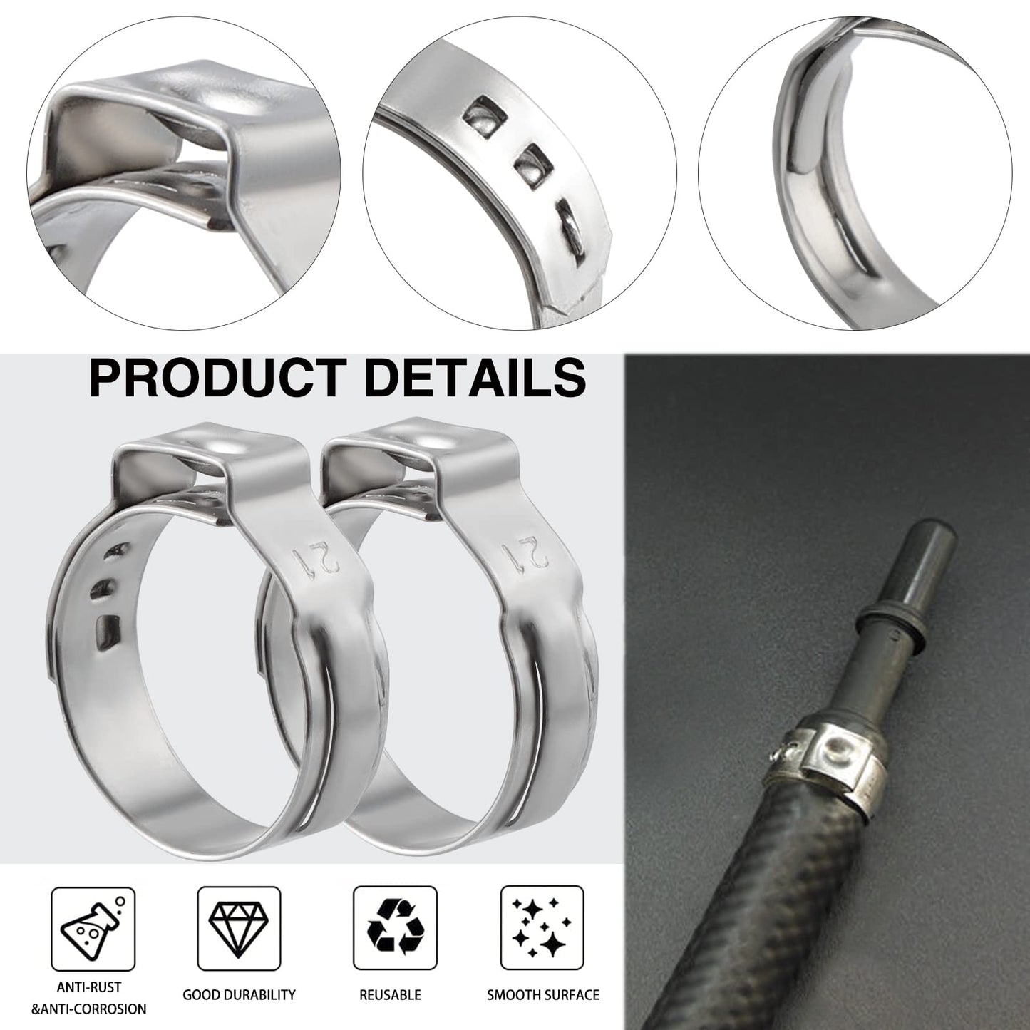 150 pieces 304 Stainless Steel Single Ear Stepless Hose Clamps Set, 6-33.1mm 12 Sizes Crimp Hose Clamps Assortment Kit, Ear Cinch Rings Crimp Pinch Fitting Tools