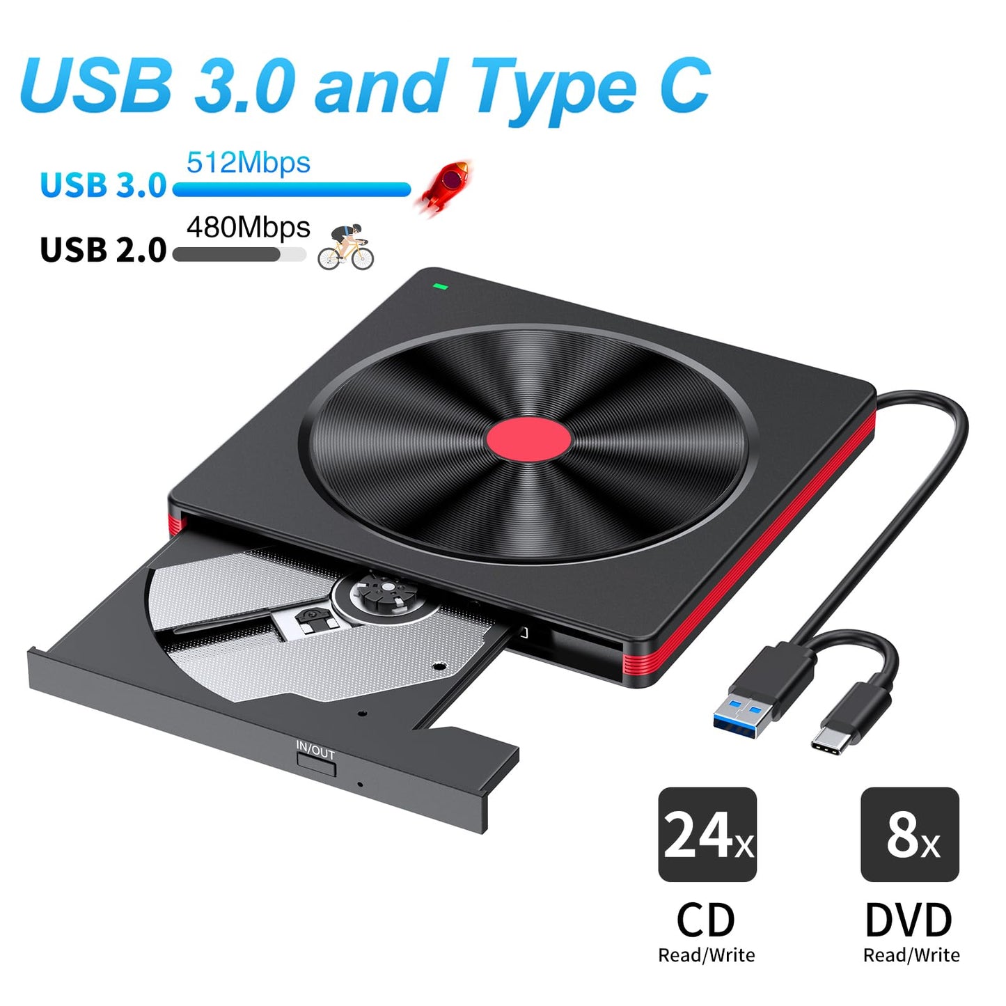 External DVD CD Drive, USB 3.0 & Type-C Portable CD DVD +/-RW Burner Optical Drive External CD ROM/DVD Drive for PC Laptop Desktop MacBook Windows 11/10/8.1/7 Linux/Mac