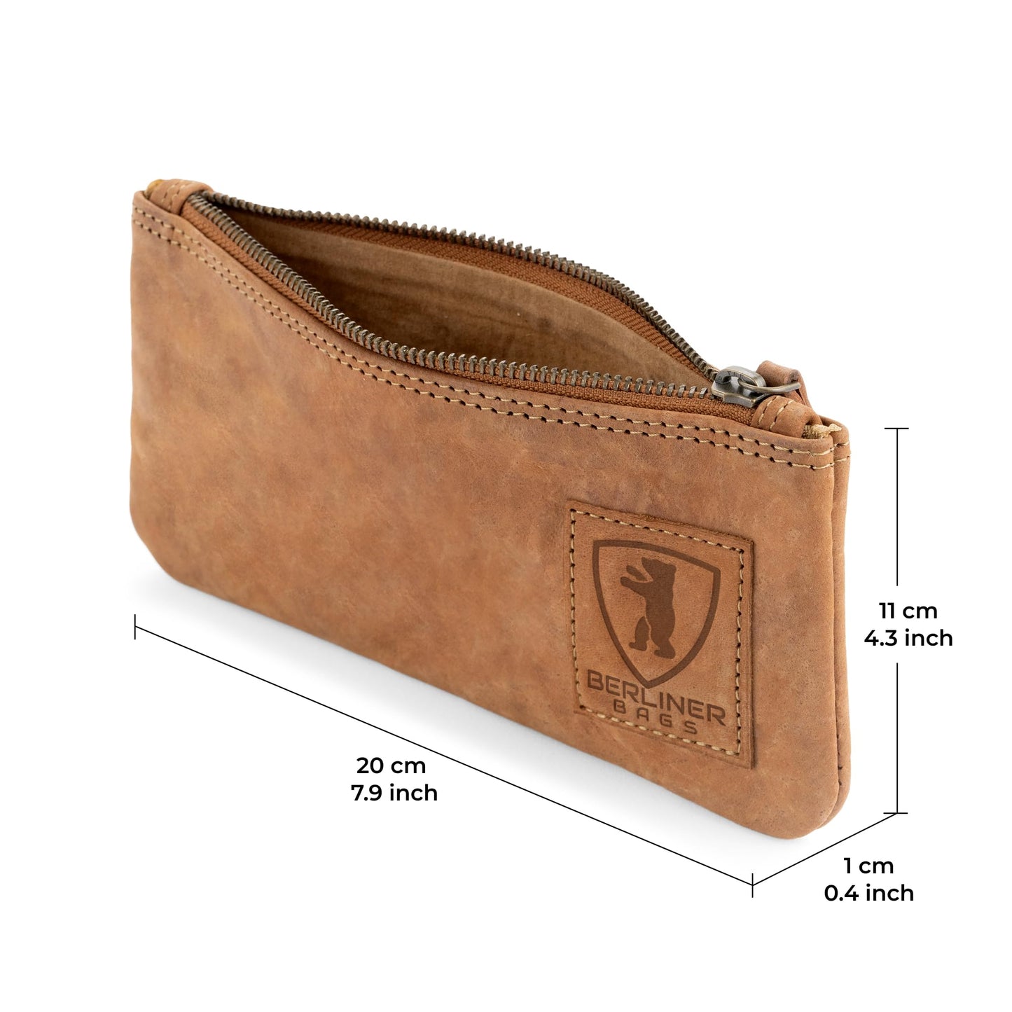 Berlin Bags Vintage leather pencil case with YKK zipper, durable pen pouch for pencils and accessories - Brown.