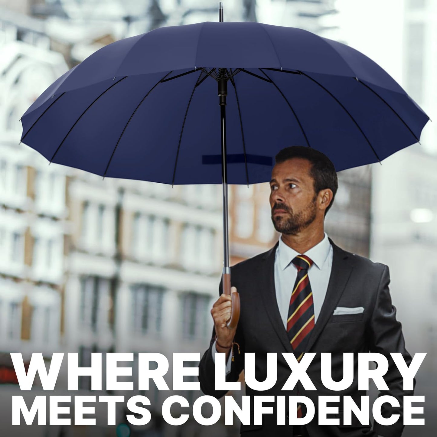 Royal Walk Large XXL 54 inch Automatic Travel Golf Umbrella for Men and Women Stormproof Windproof Lightweight Classic for 2 People Wooden Handle Water Repellent 16 Ribs Unisex 120cm
