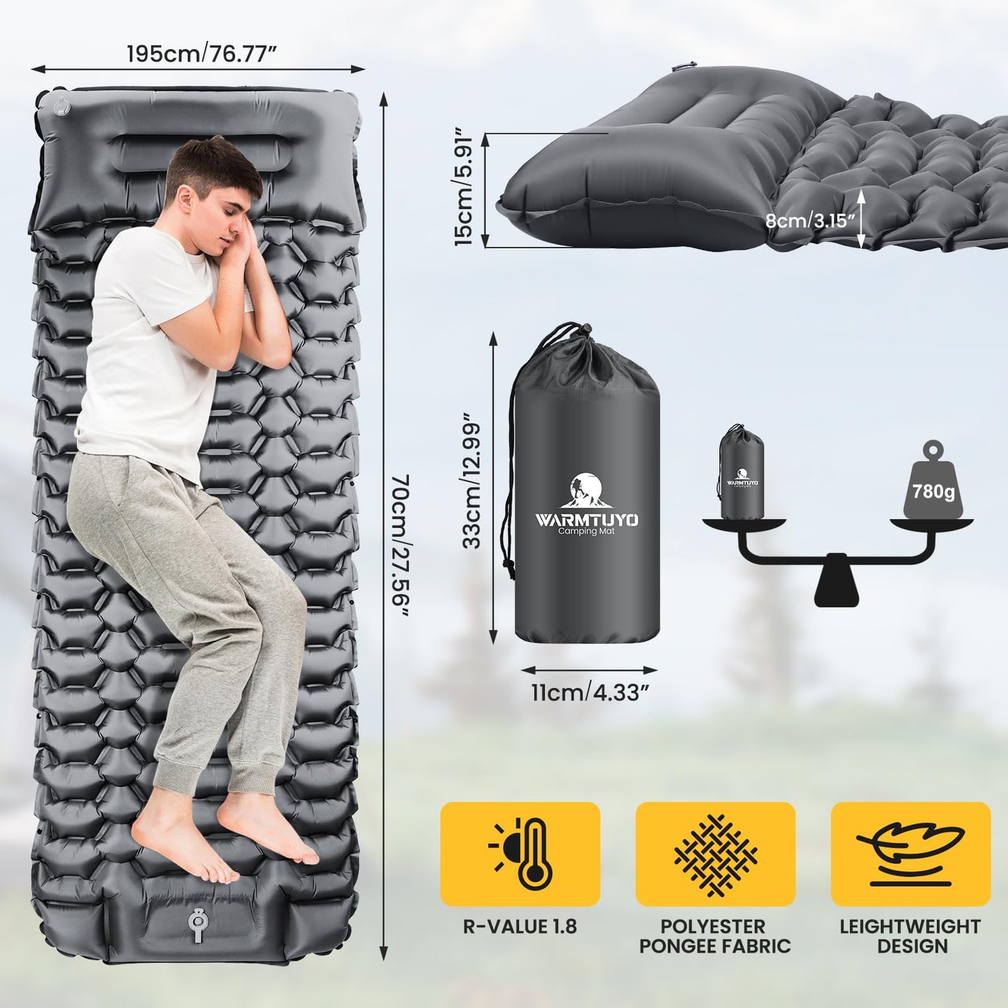 Self-Inflating Sleeping Pad, Ultralight Camping Inflatable Mattress with Foot Pump and Pillow, Foldable Waterproof Air Mattress Anti-Ripstop Sleeping Pad for Hiking, Beach, Camping.