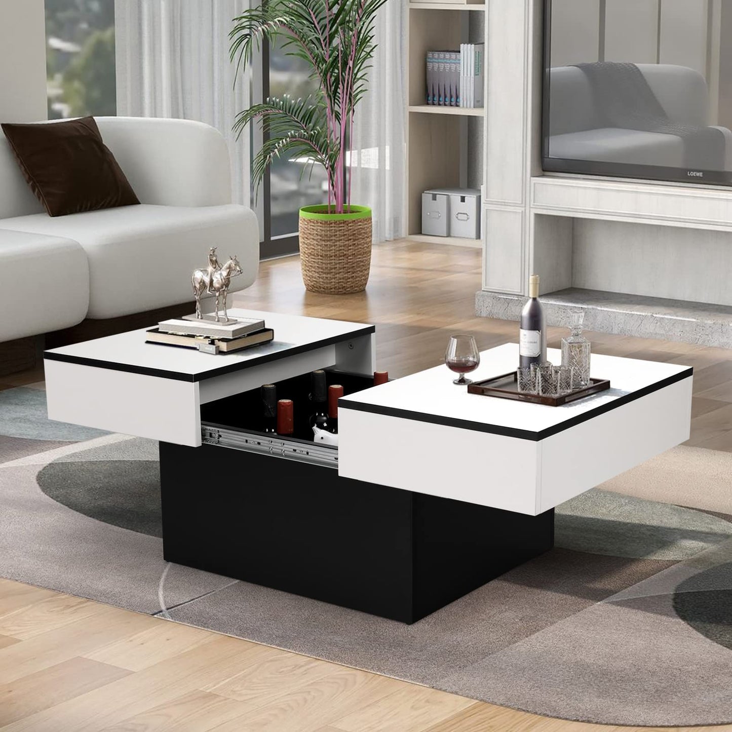 VOWNER coffee table, coffee table with 2 storage compartments, living room table, high gloss, extendable desk, modern table, 114 x 58 x 40 cm (White)
