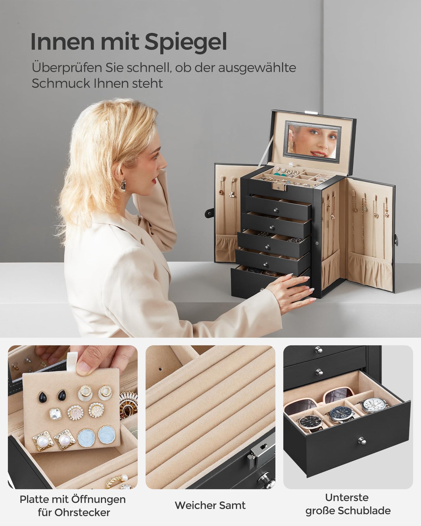 SONGMICS Jewelry Box 6-Tier, Jewelry Case with 5 Drawers, ample storage, interior mirror, lockable, jewelry storage, gift for your loved ones, for watches, black JBC152B01