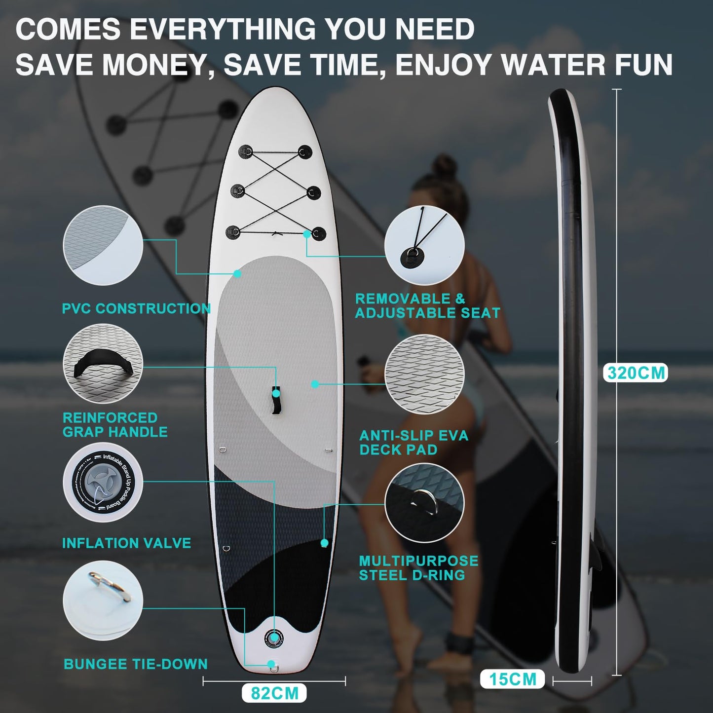 Stand Up Paddle Board with seat, Inflatable SUP Board Surfboard, 440lbs capacity, Paddle board accessory for beginners, adults, kids (Black, 320 x 82 x 15 cm)