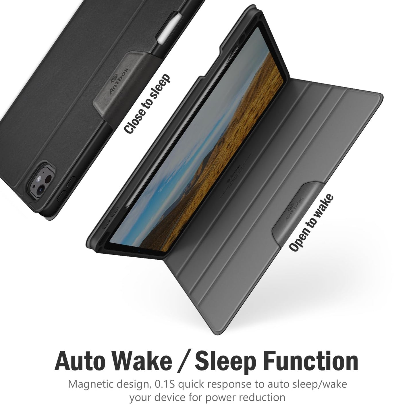 Antbox case for iPad Pro 13 inch case M4 2024 with pen holder Pencil holder Auto sleep/wake function PU leather case protective cover (black)