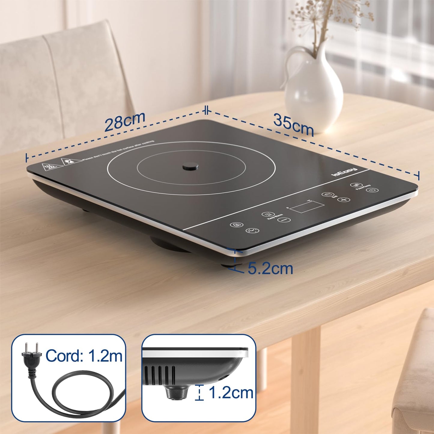 IsEasy Induction Cooktop 1 Plate, Single Induction Hot Plate 2100W, 9 Power Levels, 9 Temperature Settings, 28cm Induction Cooktop with 8-Hour Timer, Child Lock, Black, 220-240V.