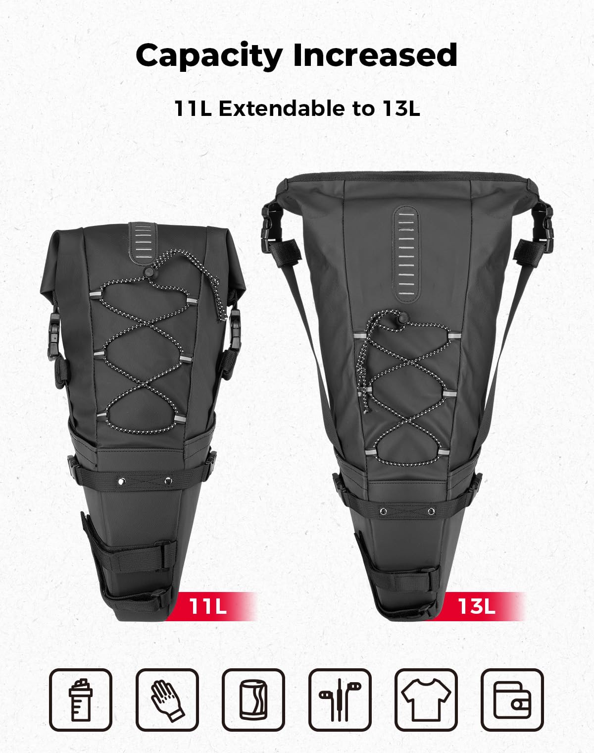 KEMIMOTO Bike Saddle Bag 11L, 100% waterproof bicycle seat bag for road bike, E-bike, and mountain bike, with attachment straps for mounting.
