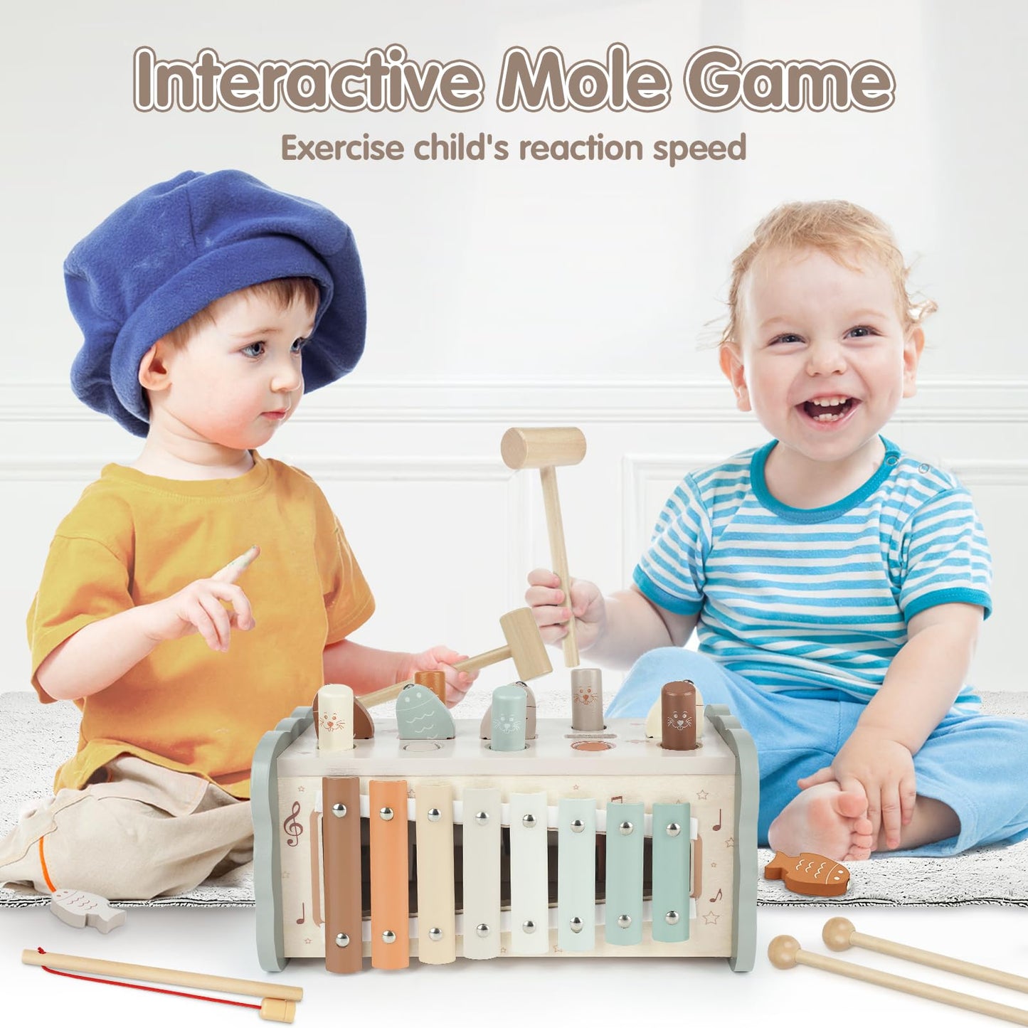 DINORUN Montessori toy for ages 1 and up, wooden hammering toy for fine motor skills, xylophone for 1 year old kids, ideal gift for children ages 1-4, girls and boys.
